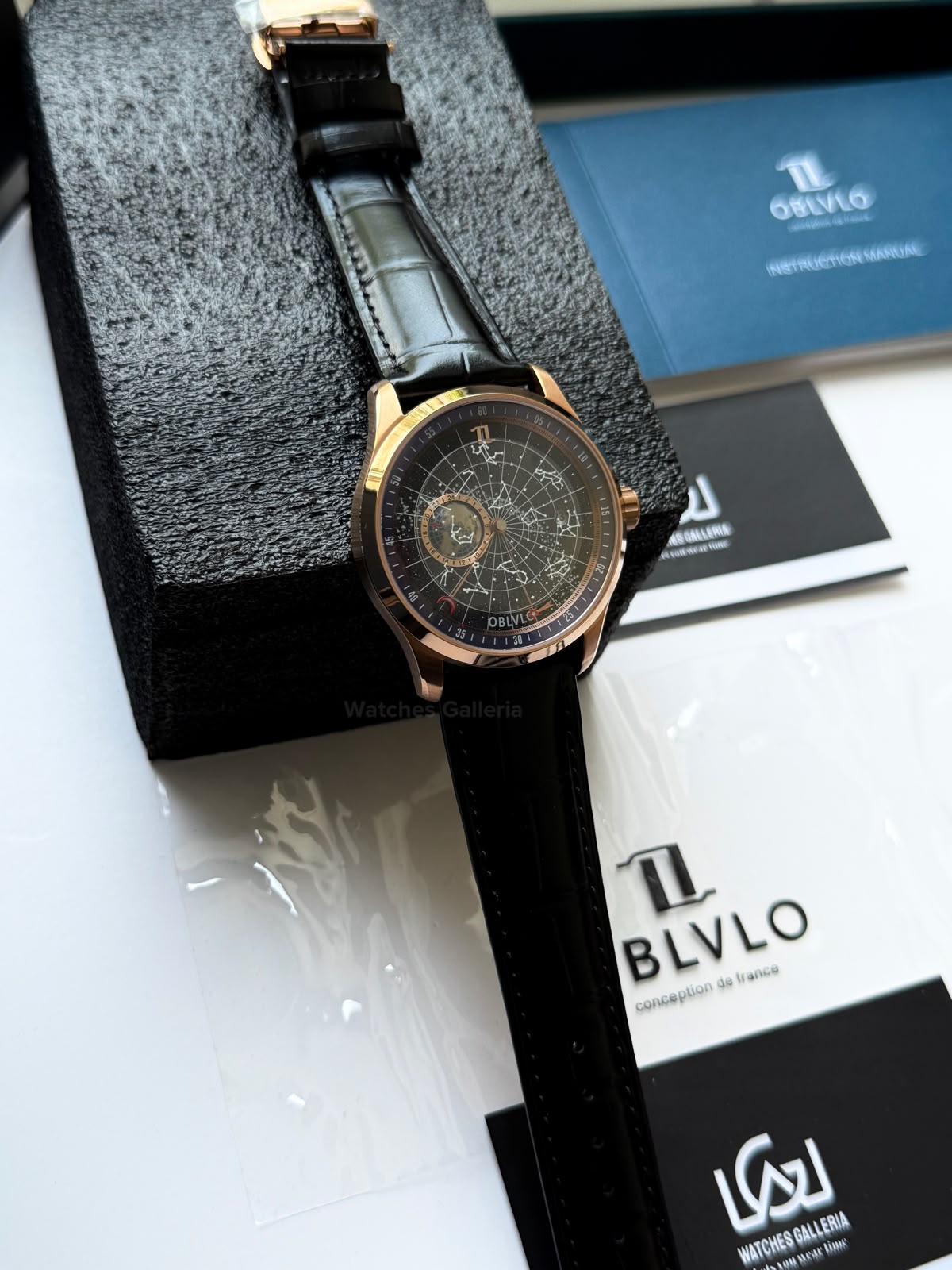 OBLVLO GC (Black Rose Gold Blue) Grand Complications Celestial Automatic Watch Brown & Black Dial with Rose Gold Details, Moving Constellation & Earth Display – OBLVLOGC