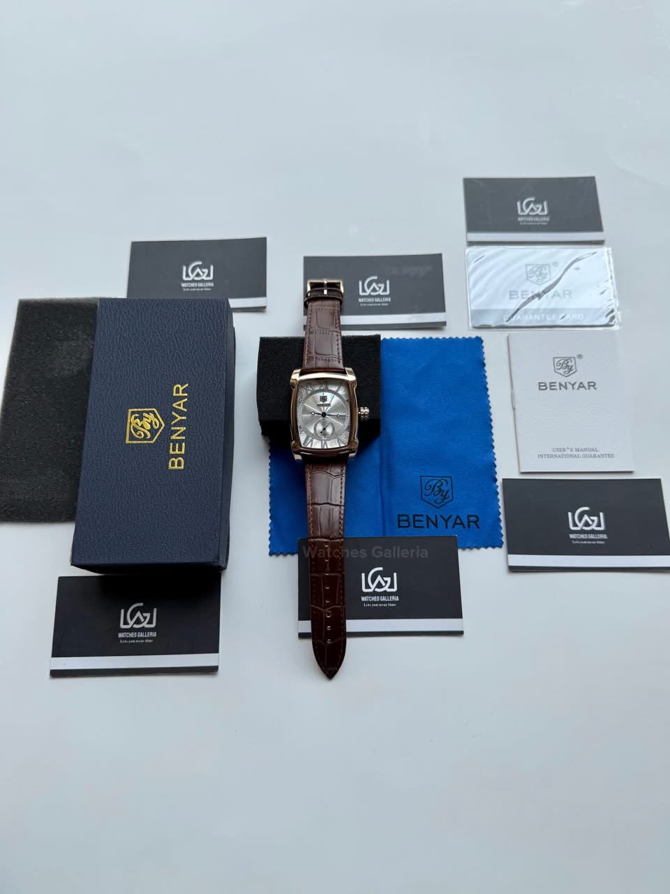 Benyar BY5114 Square Tank Watch in Pakistan – Brown Rose Gold White Elegant Quartz Leather Strap Men’s Dress Watch
