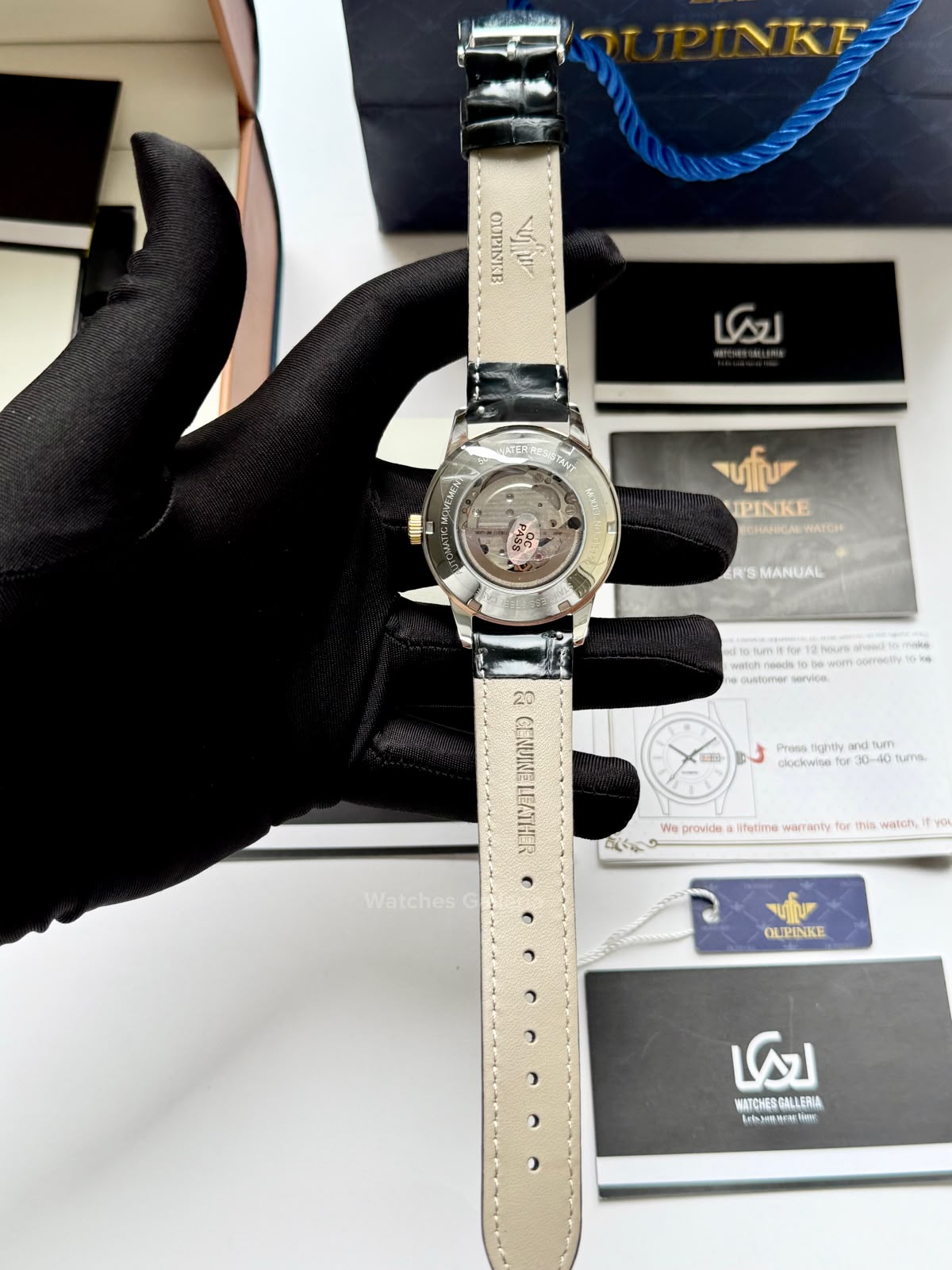 Oupinke G3190 (Black Leather) Open Heart Automatic Watch with Miyota 8215 Japanese Movement, Sapphire Crystal, Luminous Dial & Black Leather Strap
