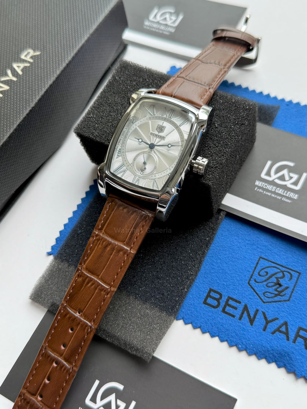 Benyar BY5114 Square Tank Watch in Pakistan – Brown Silver White Elegant Quartz Leather Strap Men’s Dress Watch