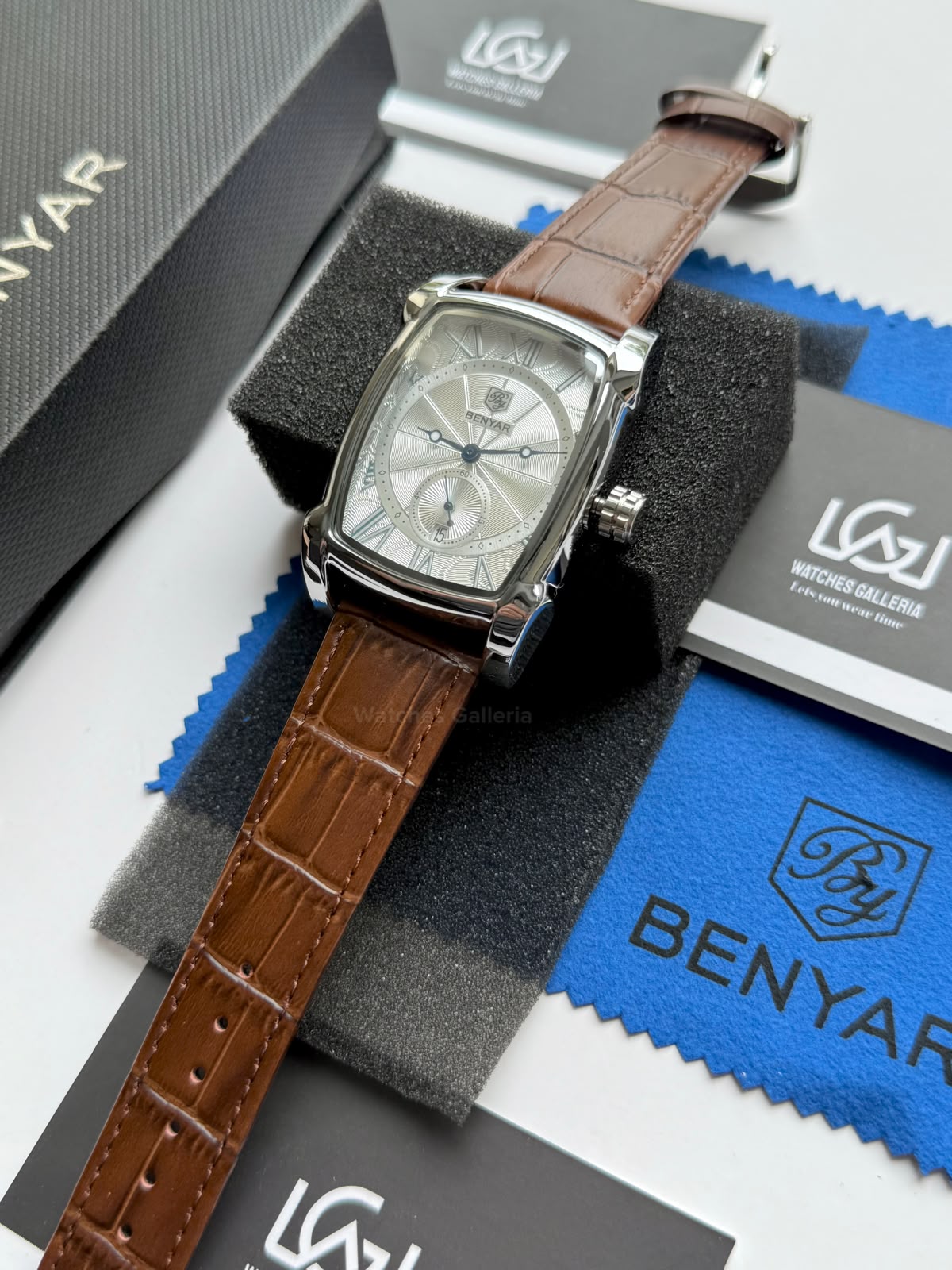 Benyar BY5114 Square Tank Watch in Pakistan – Brown Silver White Elegant Quartz Leather Strap Men’s Dress Watch