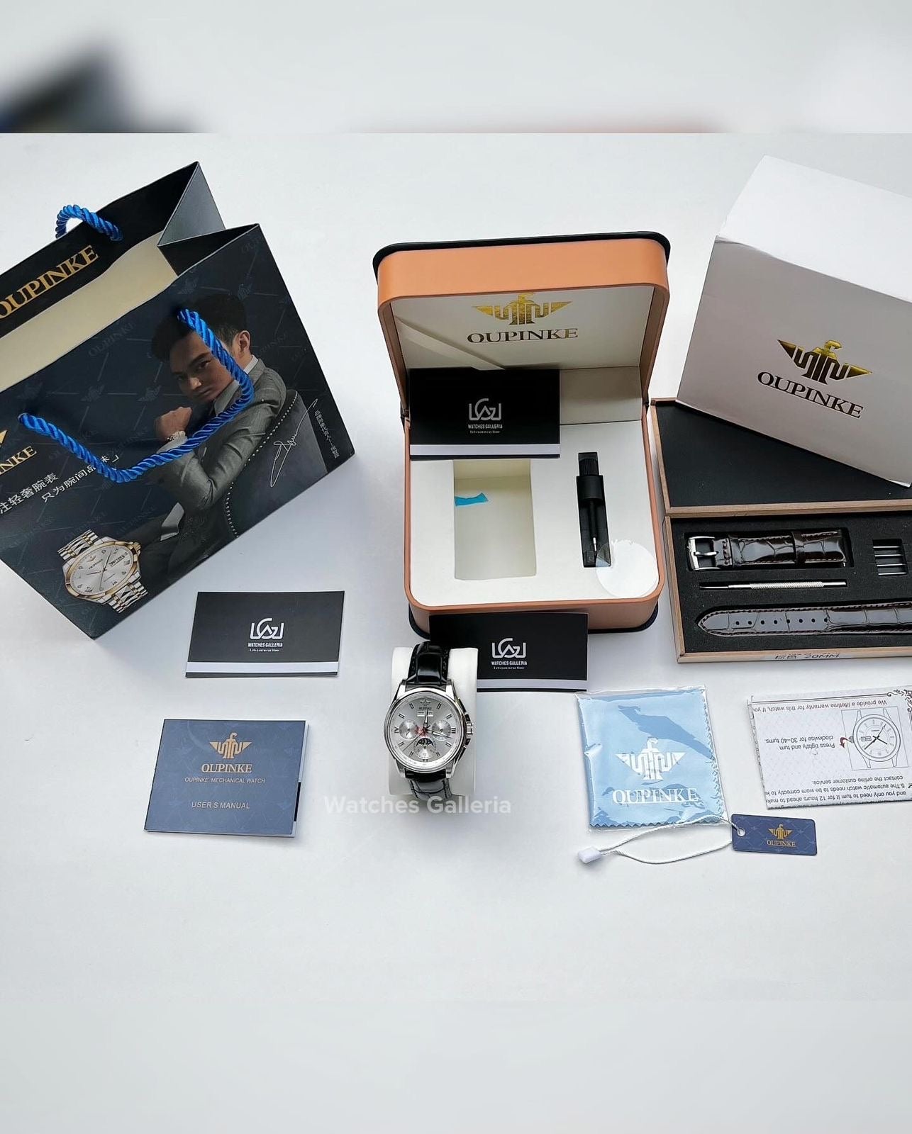 Oupinke Calendar Moonphase Automatic Watch (Silver Black) Oupinke3189 Watches Galleria