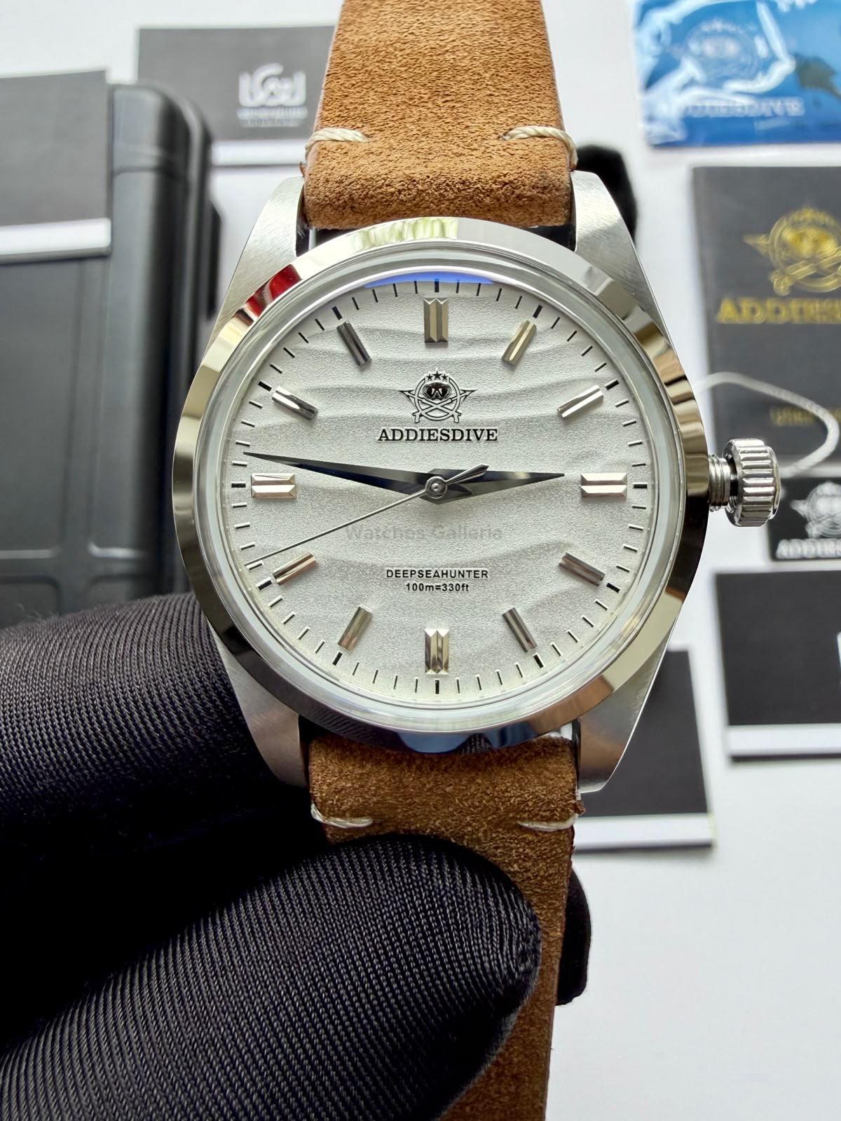 Addiesdive AD2030 Desert White with Khaki Suede Leather Strap Unisex Watch – 36mm Classic Desert Dial, Japan VH31 Quartz Movement, Blue Anti-Glare Mineral Glass & Genuine Suede Leather Strap