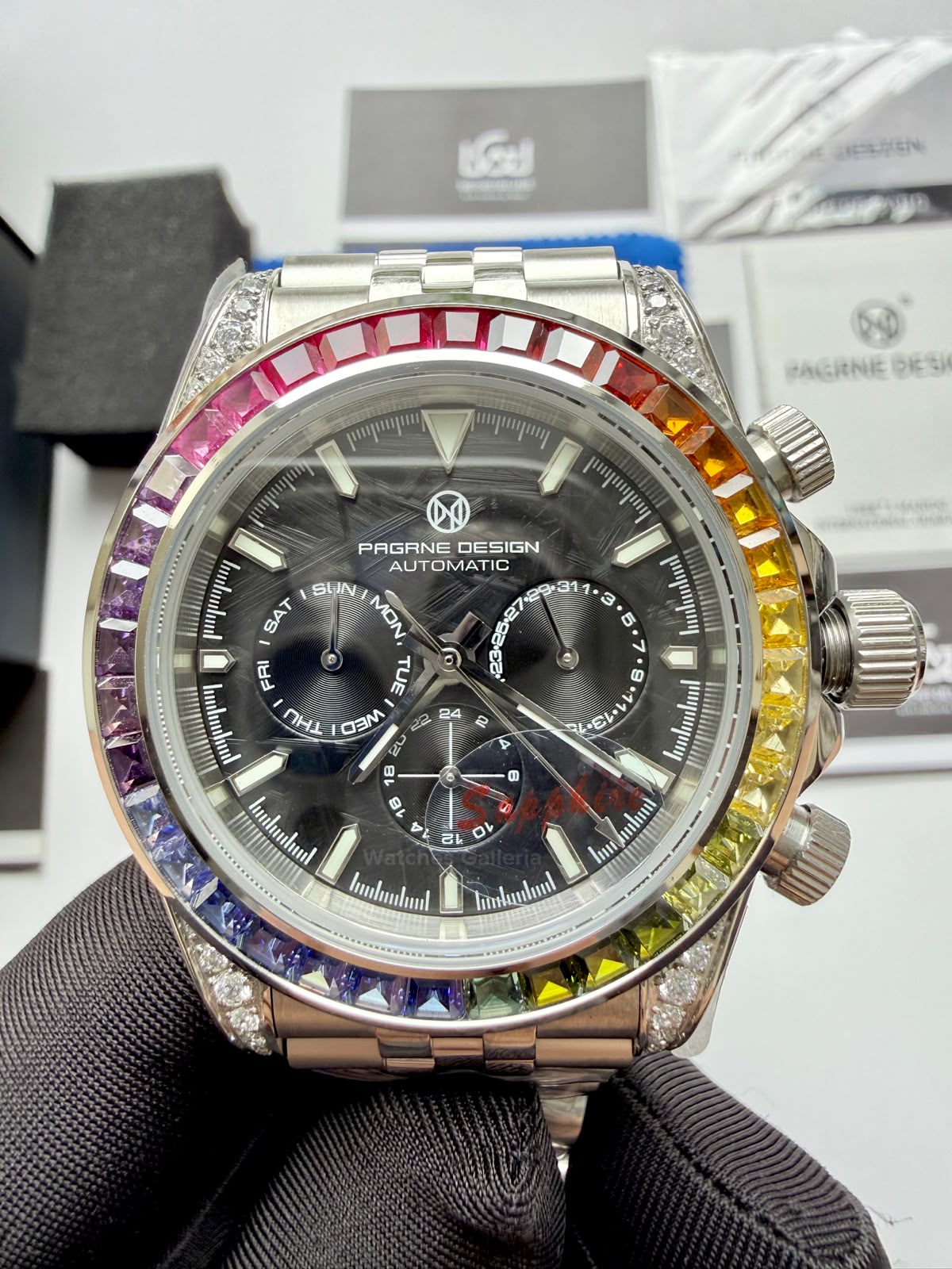 Pagani Design PG1666 Daytona Rainbow Limited Edition Black Automatic Chronograph Watch | 40mm Sapphire Crystal | HZ2196G Movement | 100M Water Resistant