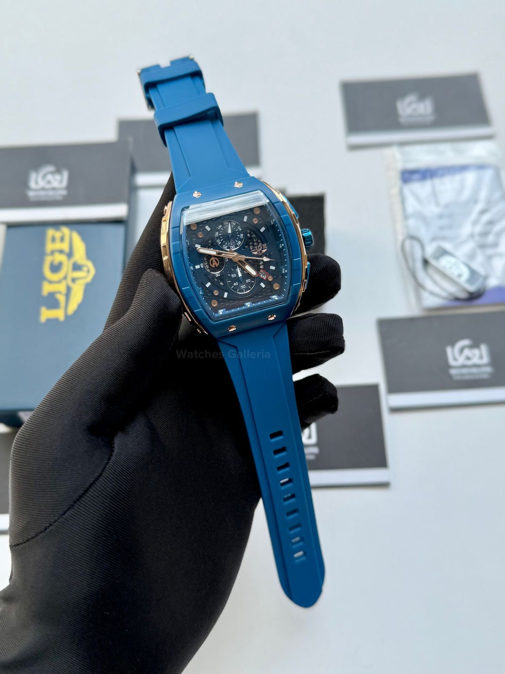 LIGE LG89148 Blue Tonneau Chronograph Watch in Pakistan – Luxury Men’s Quartz Watch with Silicon Strap