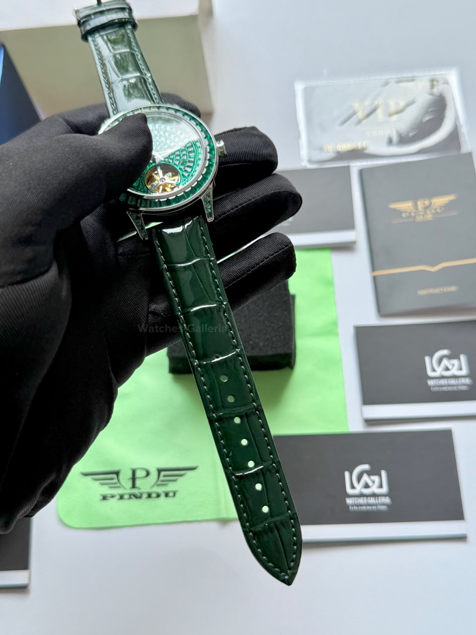 Pindu 5037 Green Diamonds Hand Encrusted Diamond Automatic Tourbillon Watch for Men | Luxury Mechanical Watch | 43mm Stainless Steel Case