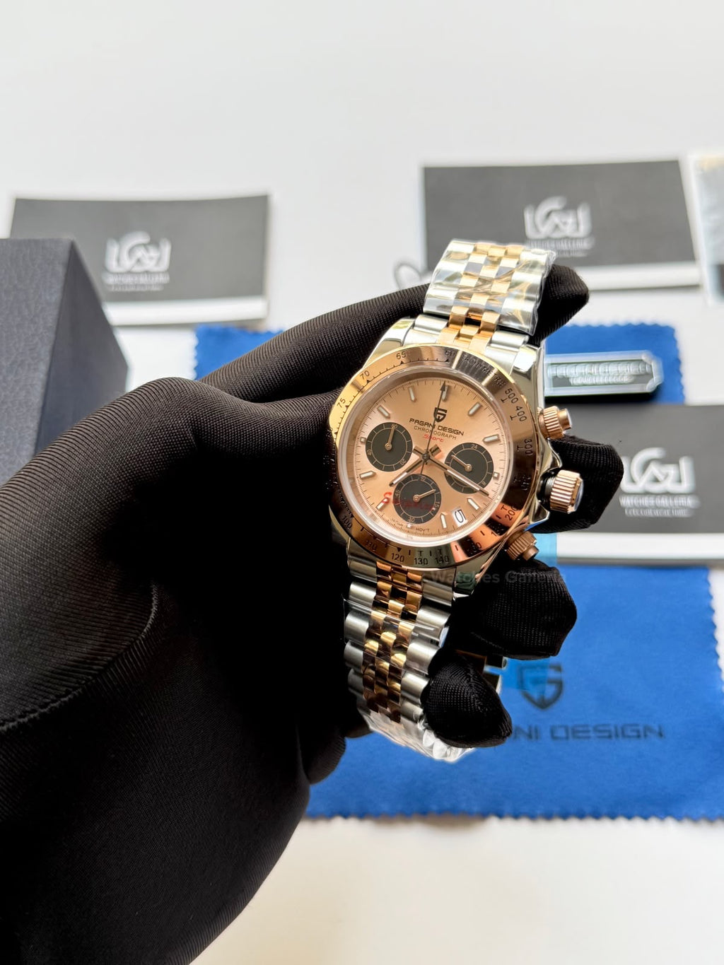 Pagani Design PD1644 Daytona Rose Gold Two Tone Jubilee Limited Edition Men’s Chronograph Watch – Seiko VK63 Japan Quartz | Sapphire Crystal | Ceramic Bezel | 100M Water Resistant