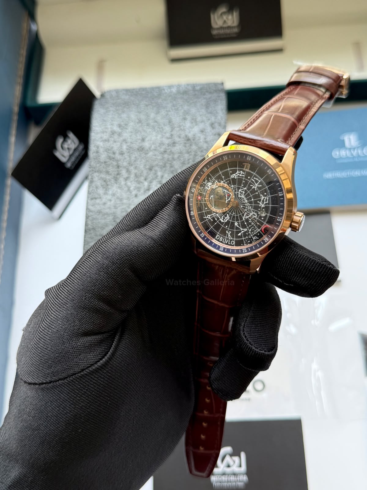 OBLVLO GC (Brown Rose Gold Blue) Grand Complications Celestial Automatic Watch Brown & Black Dial with Rose Gold Details, Moving Constellation & Earth Display – OBLVLOGC | Oblvlo