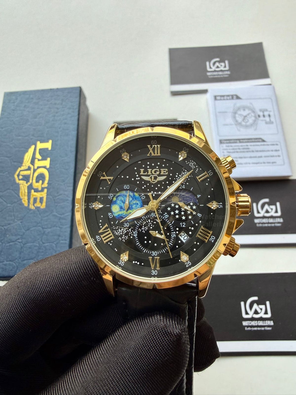 Lige Watch LG89107 Moonphase Chronograph (Black/Gold) Lige Watch in Pakistan