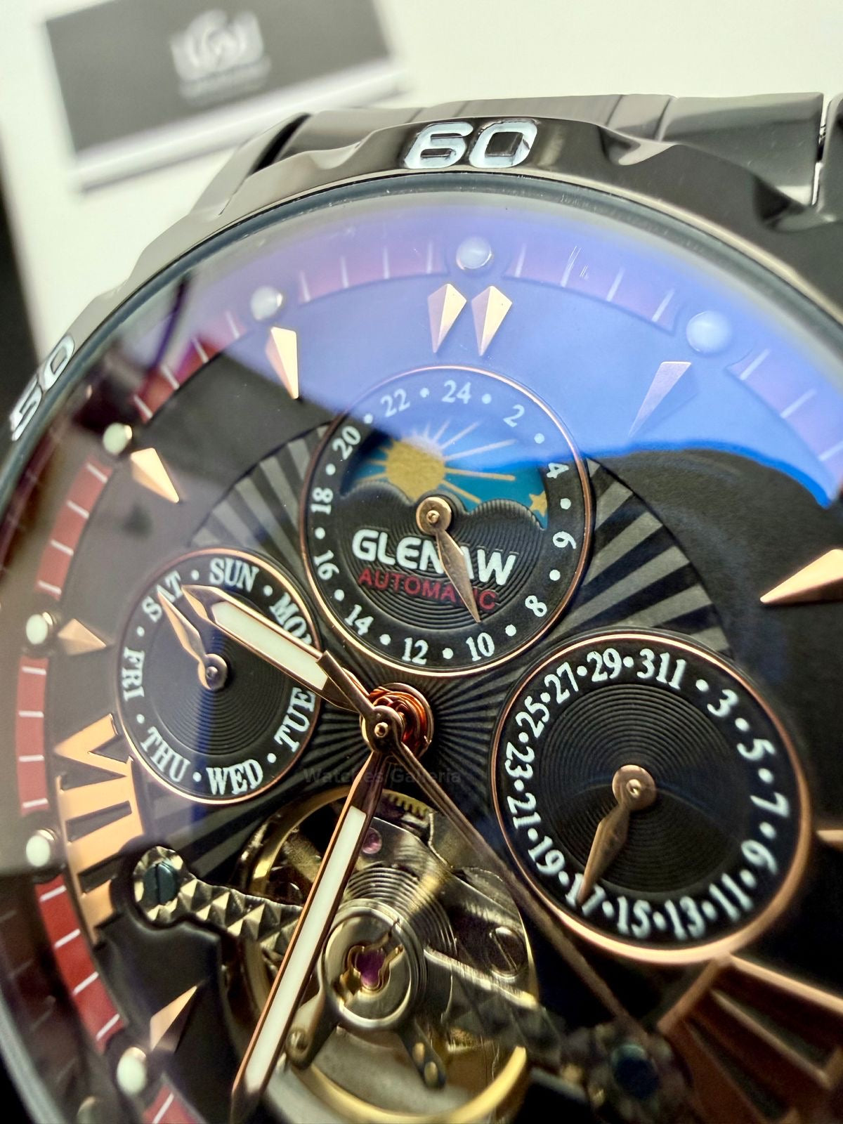 Glenaw GL8919B Moonphase Flywheel Automatic Watch – Black Blue Dial | Luxury Automatic Wristwatch for Men | Glenaw Watches Pakistan