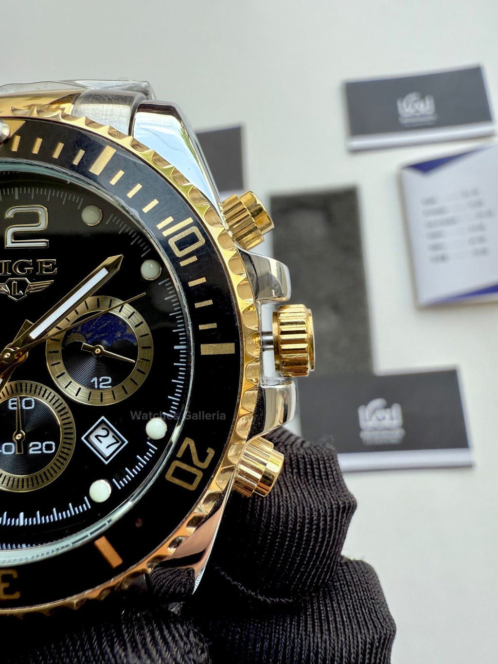 Lige Submariner Chronograph Quartz(Gold Black) Lige8924 Watches Galleria