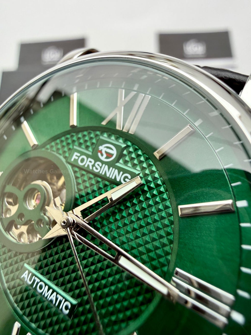 Forsining FS112 Classic Skeleton Automatic Watch – Green Dial | Leather Strap Mechanical Wristwatch for Men