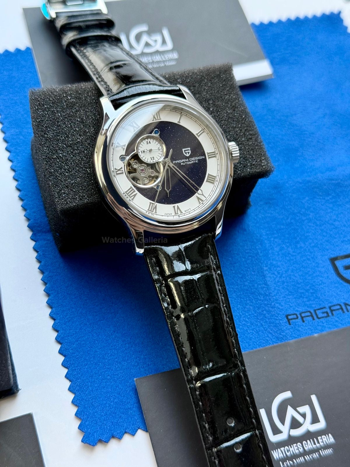 Pagani Design PDys015 Stardust Open Heart Automatic Watch – 41mm NH39A, Sapphire Crystal, 100M Water Resistant, Open Heart Skeleton Dial (Black/Blue)