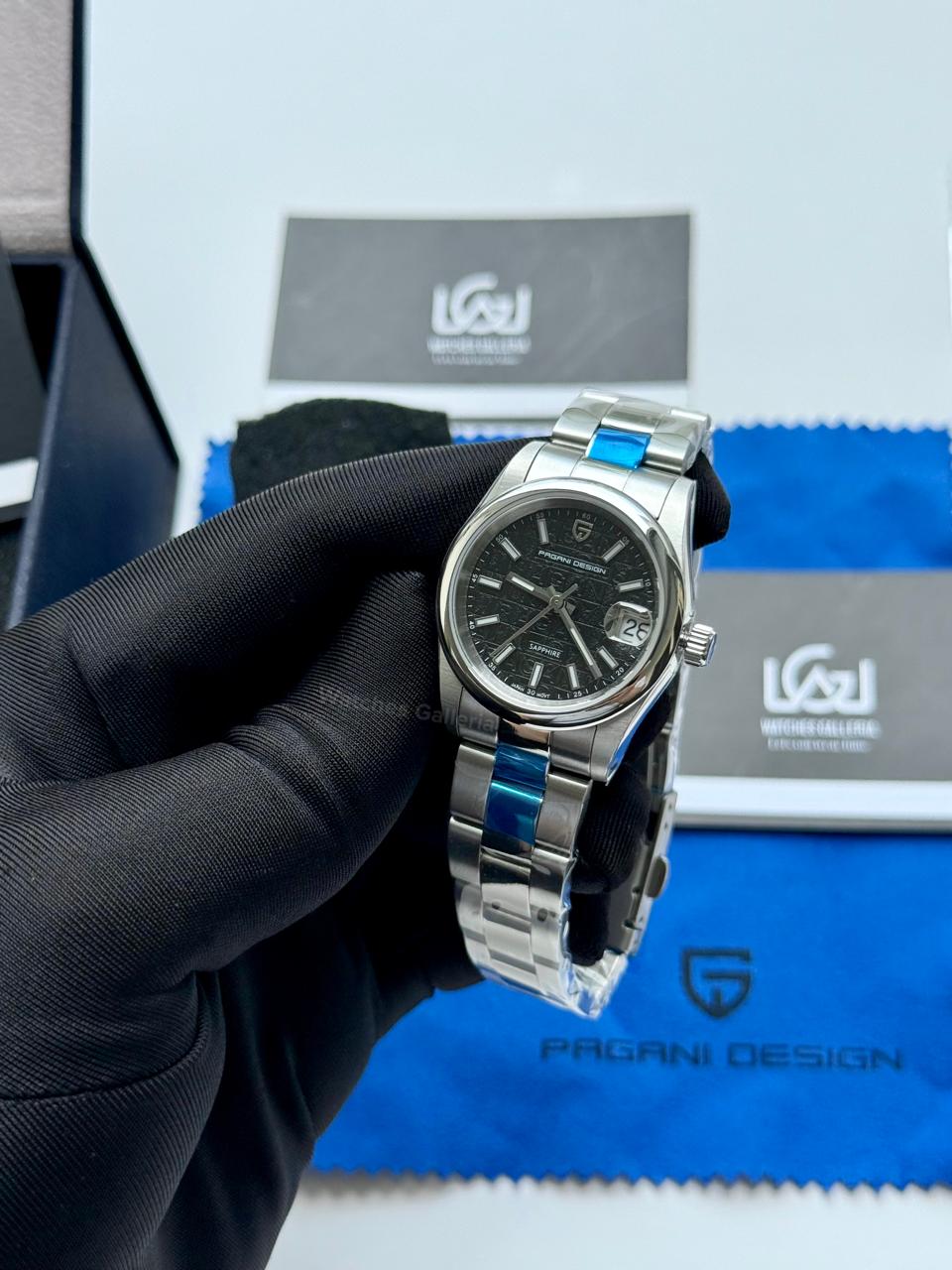 Pagani Design PD1794L Ladies Oyster Perpetual Date Black Dial Watch in Pakistan – 31mm Elegant Stainless Steel Quartz Luxury Watch