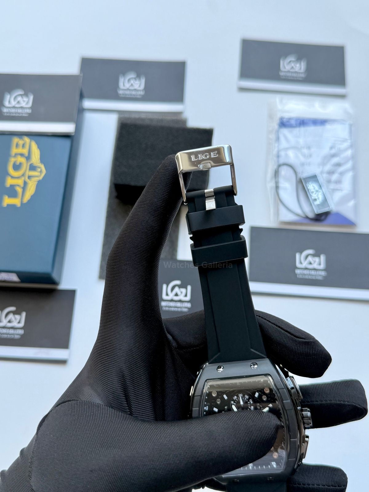 LIGE LG89148 Black Tonneau Chronograph Watch in Pakistan – Luxury Men’s Quartz Watch with Silicon Strap