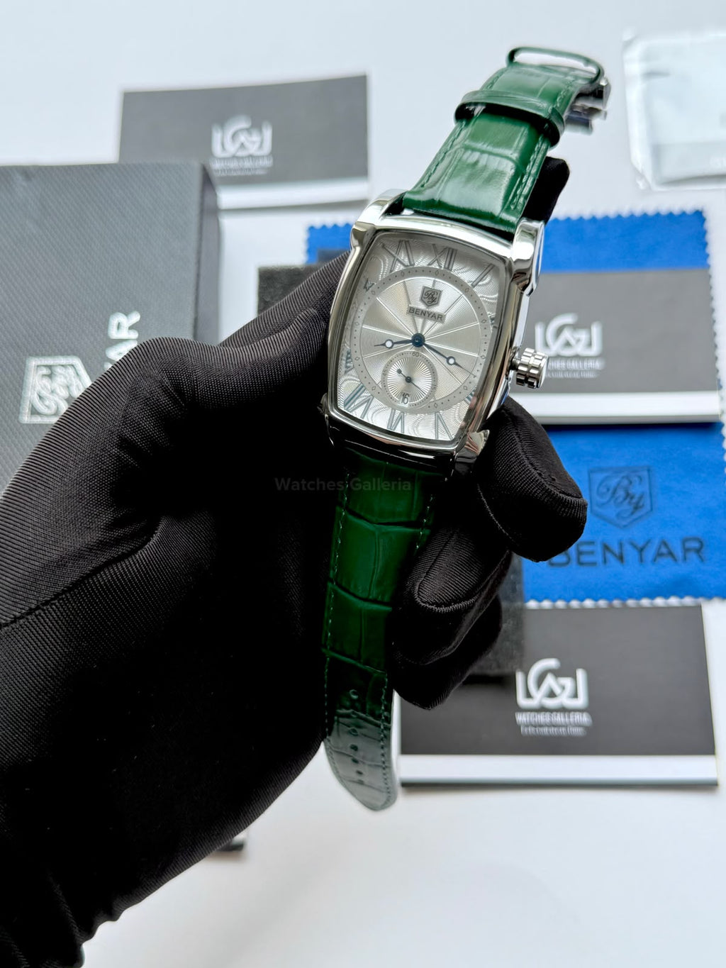Benyar BY5114 Square Tank Watch | Green Silver White | Roman Numeral Dial Master Lock Quartz Date Calendar Leather Strap