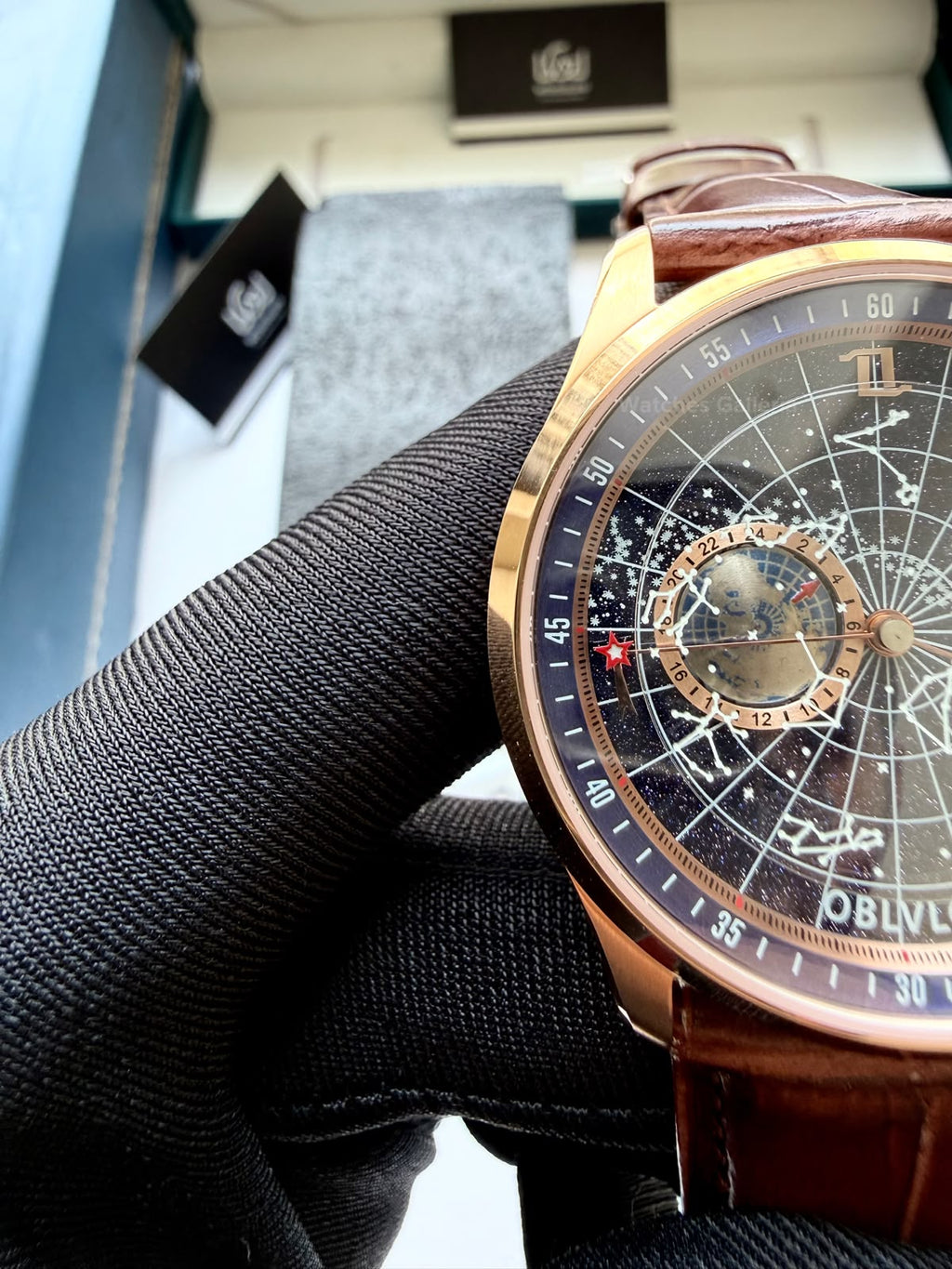 OBLVLO GC (Brown Rose Gold Blue) Grand Complications Celestial Automatic Watch Brown & Black Dial with Rose Gold Details, Moving Constellation & Earth Display – OBLVLOGC | Oblvlo