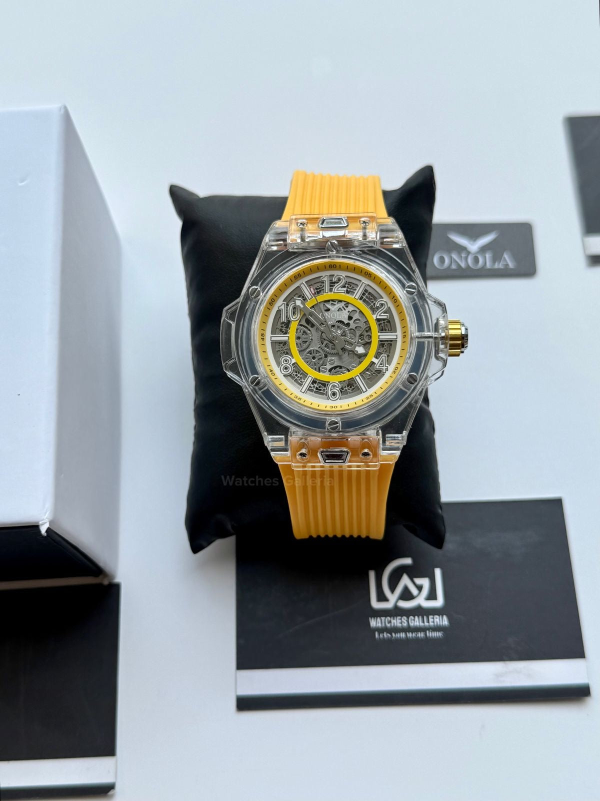Onola ON3836 Oak Skeleton Yellow Automatic Watch – 49mm Transparent Dial, Bold Sport Design, Pakistan Edition
