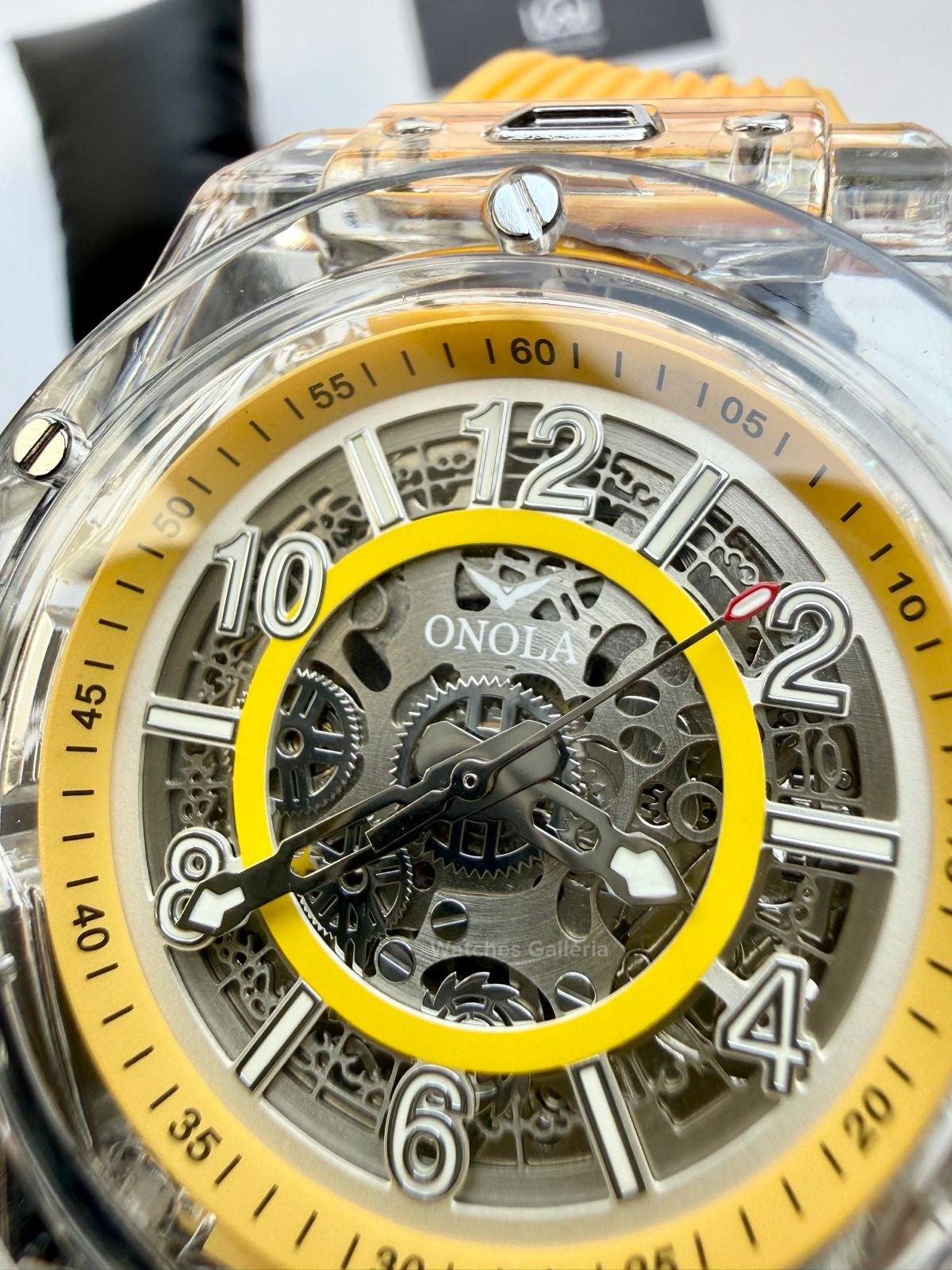Onola ON3836 Oak Skeleton Yellow Automatic Watch – 49mm Transparent Dial, Bold Sport Design, Pakistan Edition