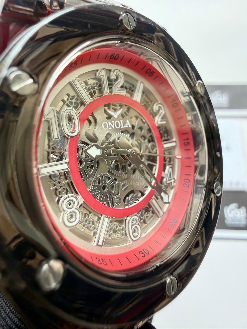 Onola ON3836 Oak Skeleton Red Black Automatic Watch – 49mm Transparent Dial, Bold Sport Design, Pakistan Edition