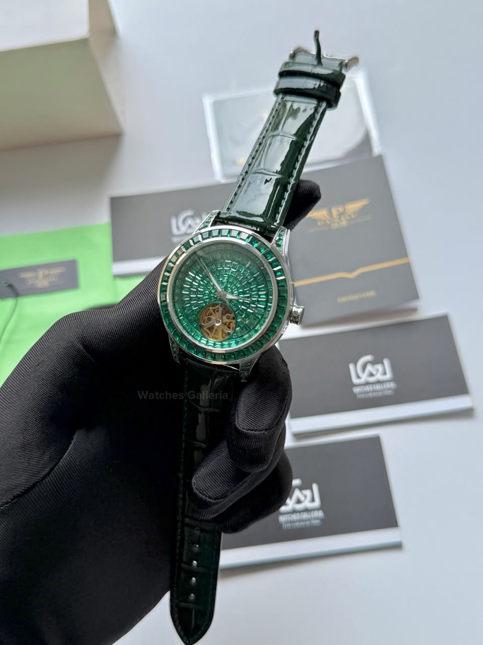 Pindu 5037 Green Diamonds Hand Encrusted Diamond Automatic Tourbillon Watch for Men | Luxury Mechanical Watch | 43mm Stainless Steel Case