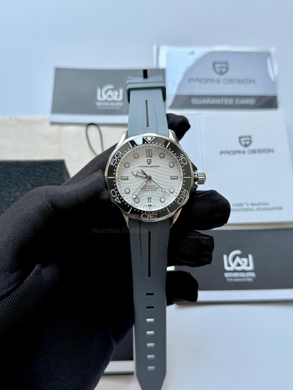 Pagani Design PD1685 Grey Silicon Seamaster Diver White Automatic Watch – 200M Sapphire Crystal NH35A/Miyota Luxury Dive Watch in Pakistan | Watches Galleria