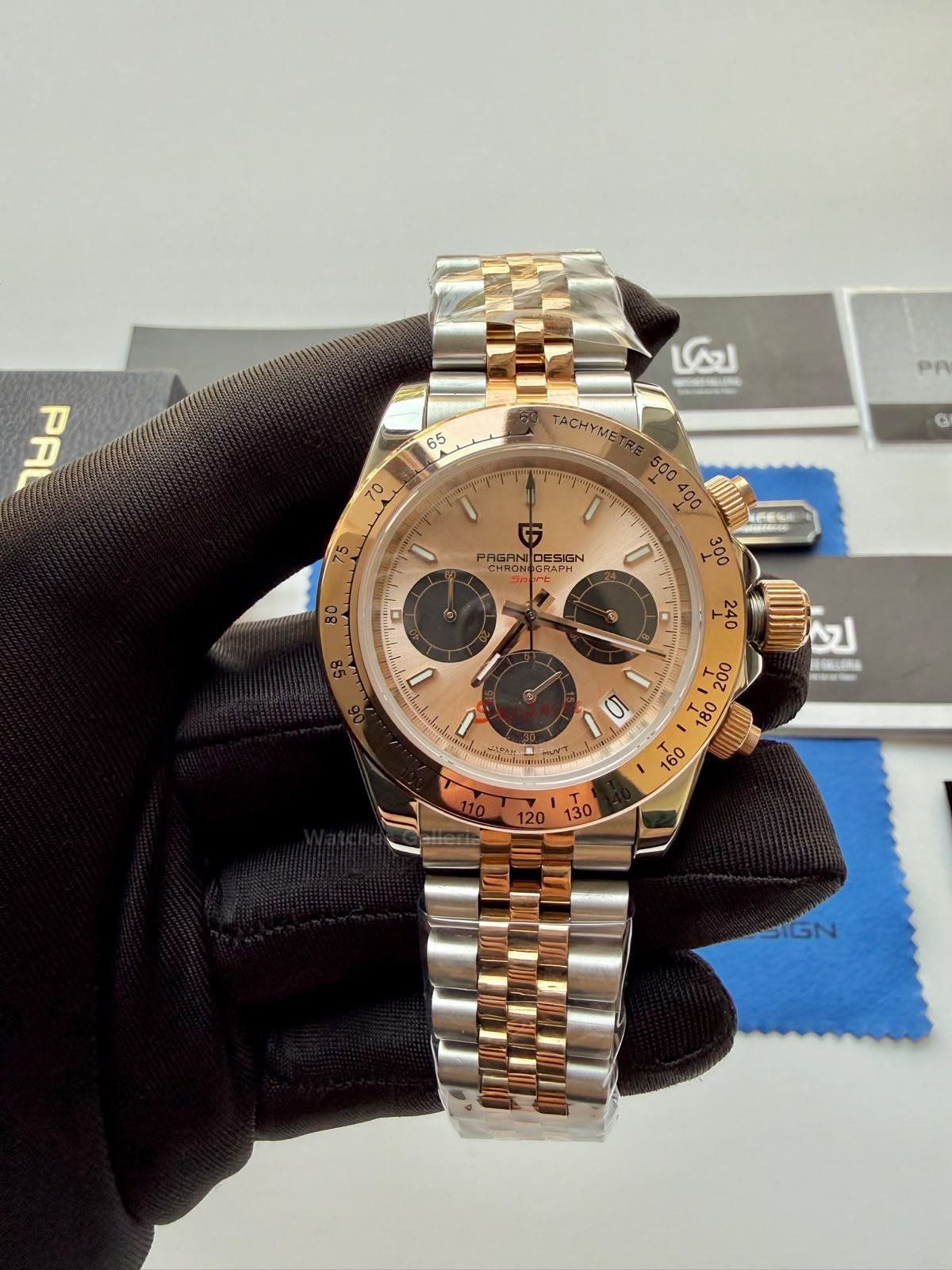 Pagani Design PD1644 Daytona Rose Gold Two Tone Jubilee Limited Edition Men’s Chronograph Watch – Seiko VK63 Japan Quartz | Sapphire Crystal | Ceramic Bezel | 100M Water Resistant