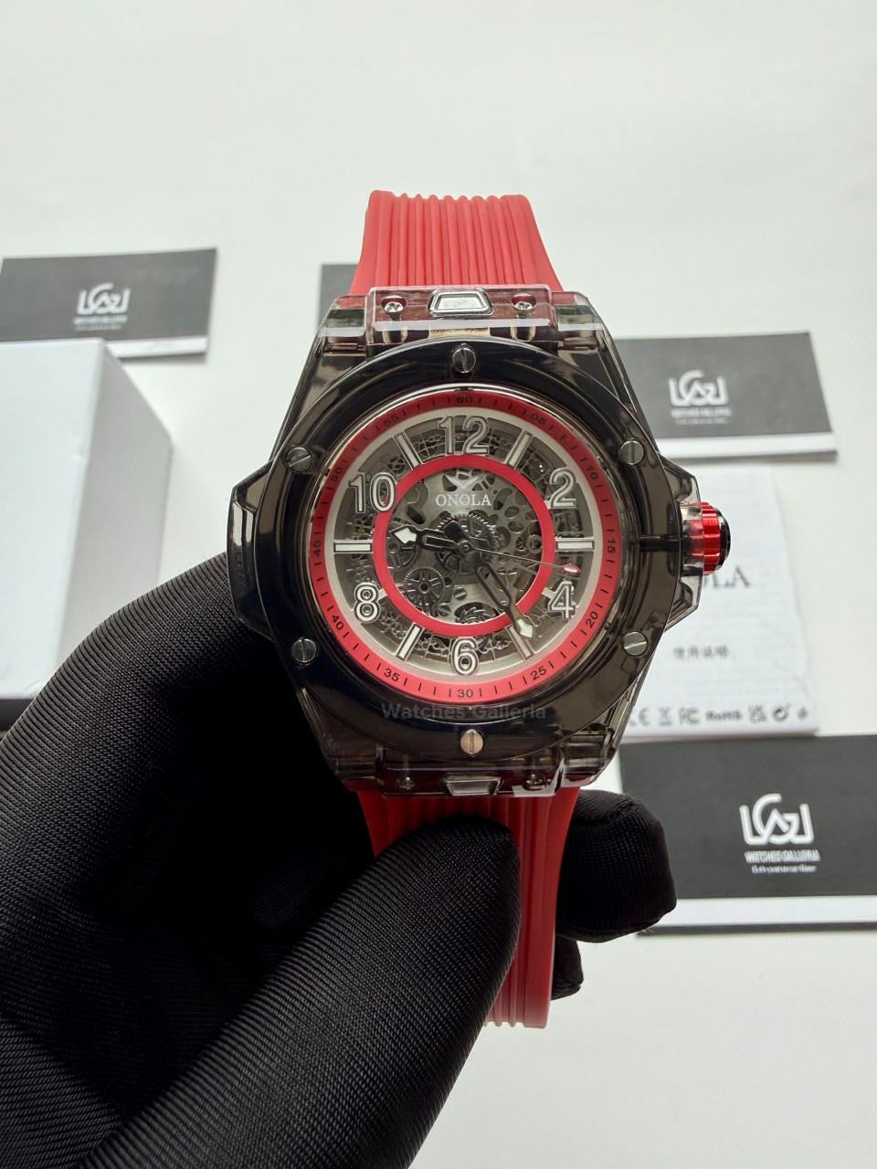 Onola ON3836 Oak Skeleton Red Black Automatic Watch – 49mm Transparent Dial, Bold Sport Design, Pakistan Edition