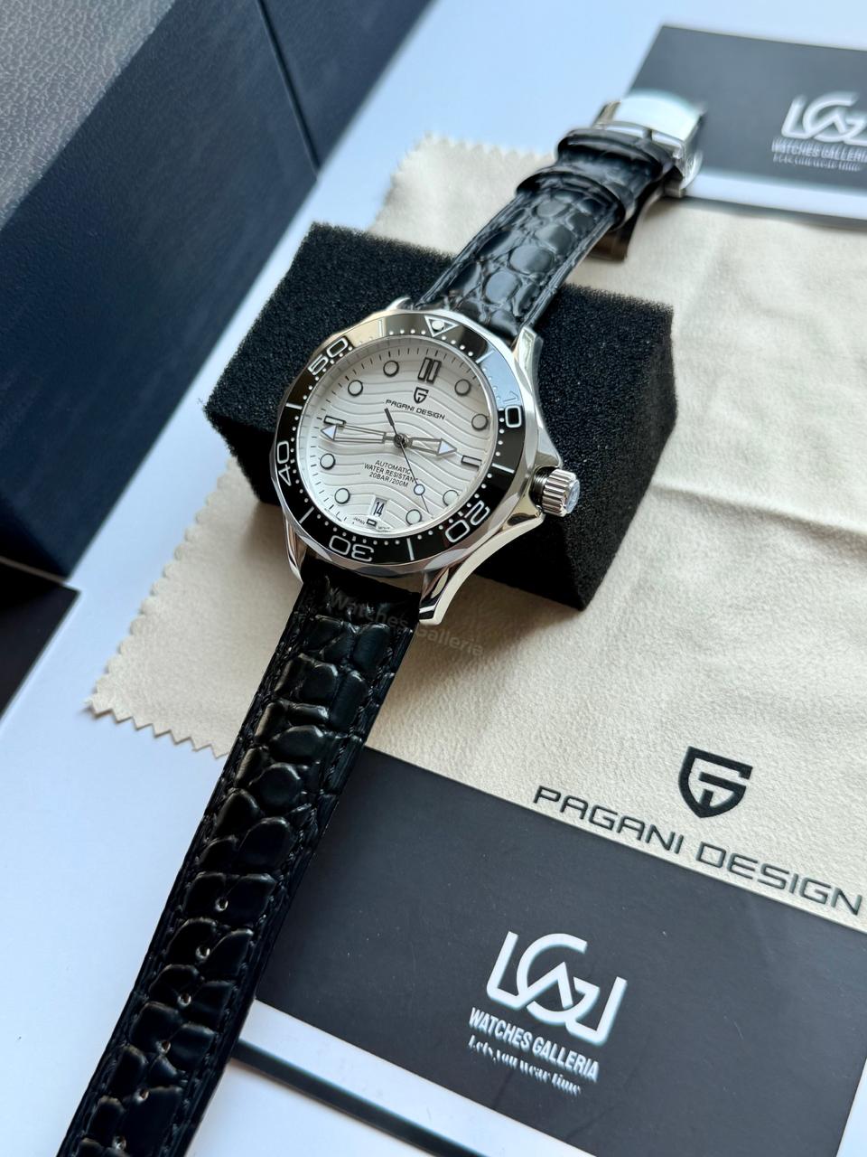 Pagani Design PD1685 Black Leather Strap Seamaster Diver White Automatic Watch – 200M Sapphire Crystal NH35A/Miyota Luxury Dive Watch in Pakistan | Watches Galleria