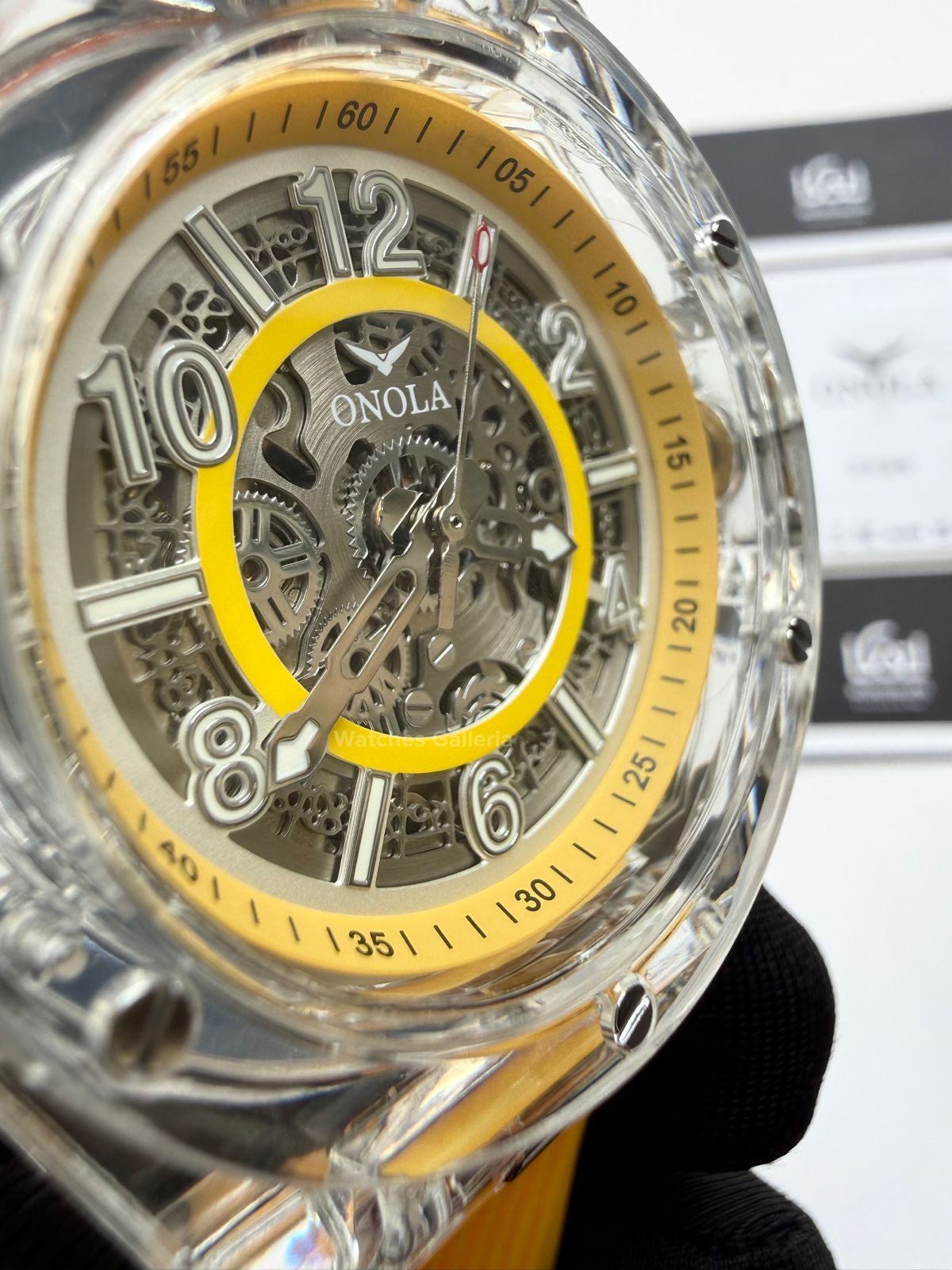 Onola ON3836 Oak Skeleton Yellow Automatic Watch – 49mm Transparent Dial, Bold Sport Design, Pakistan Edition