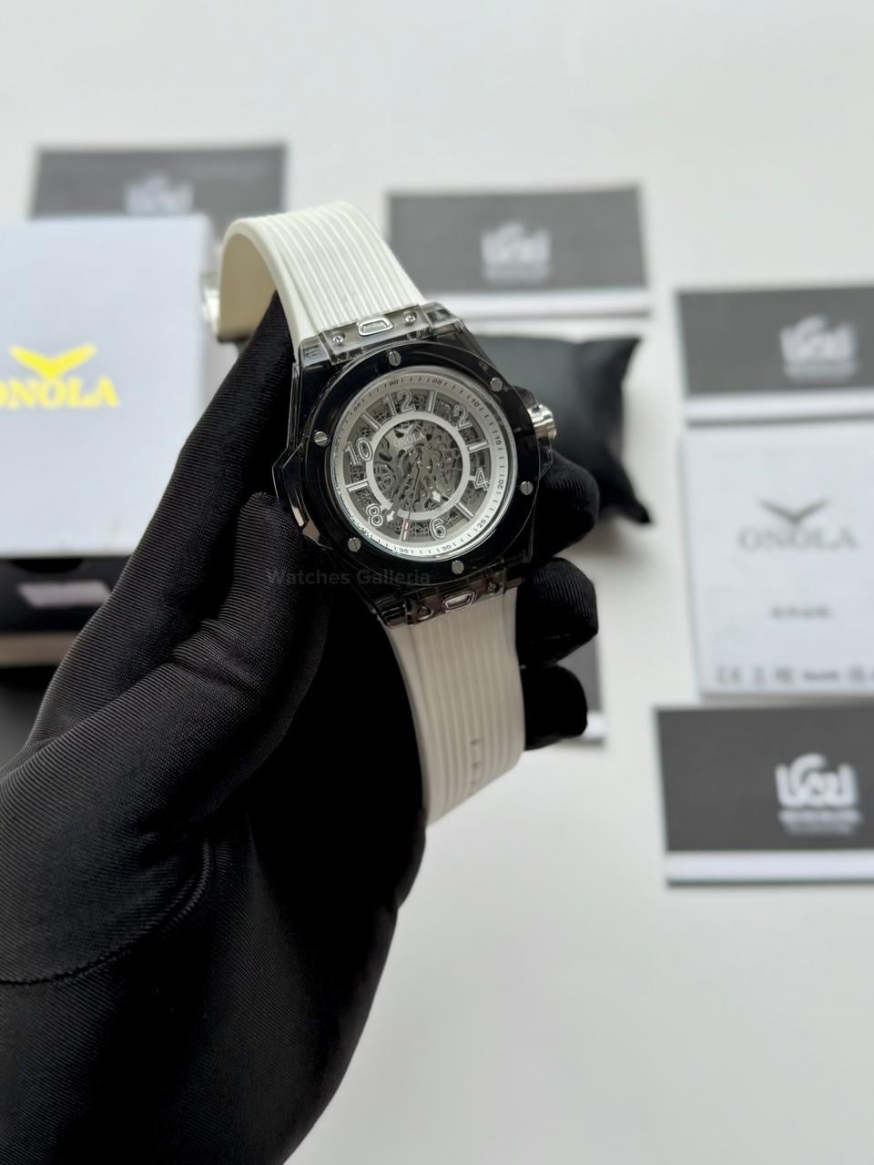 Onola ON3836 Oak Skeleton White Black Automatic Watch – 49mm Transparent Dial, Bold Sport Design, Pakistan Edition