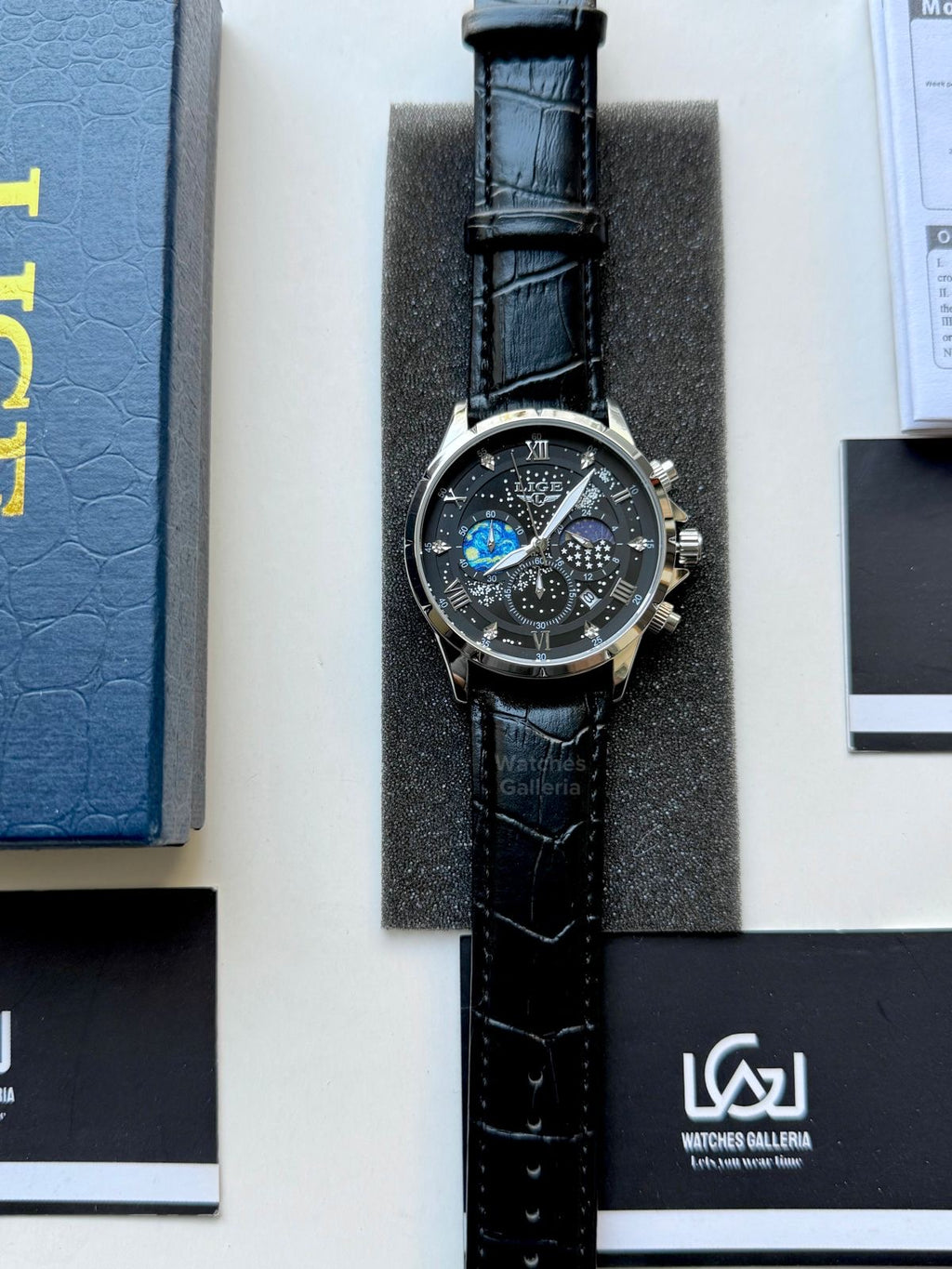 Lige Watch LG89107 Moonphase Chronograph (Black/Silver) Lige Watch in Pakistan