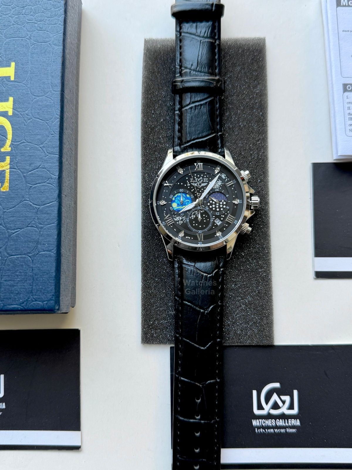 Lige Watch LG89107 Moonphase Chronograph (Black/Silver) Lige Watch in Pakistan