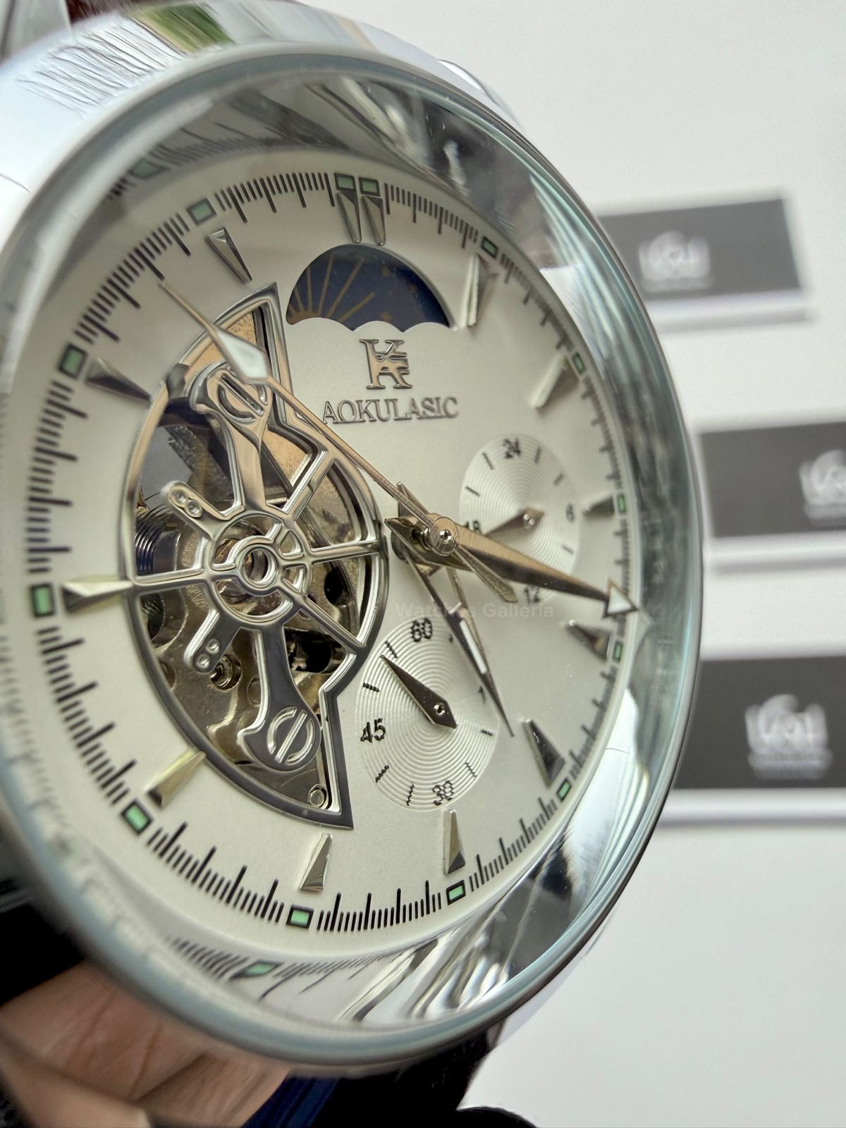Aokulasic AOKU032 Moonphase Flywheel Automatic Watch 40mm Brown Silver | 21 Jewels Mechanical Watch