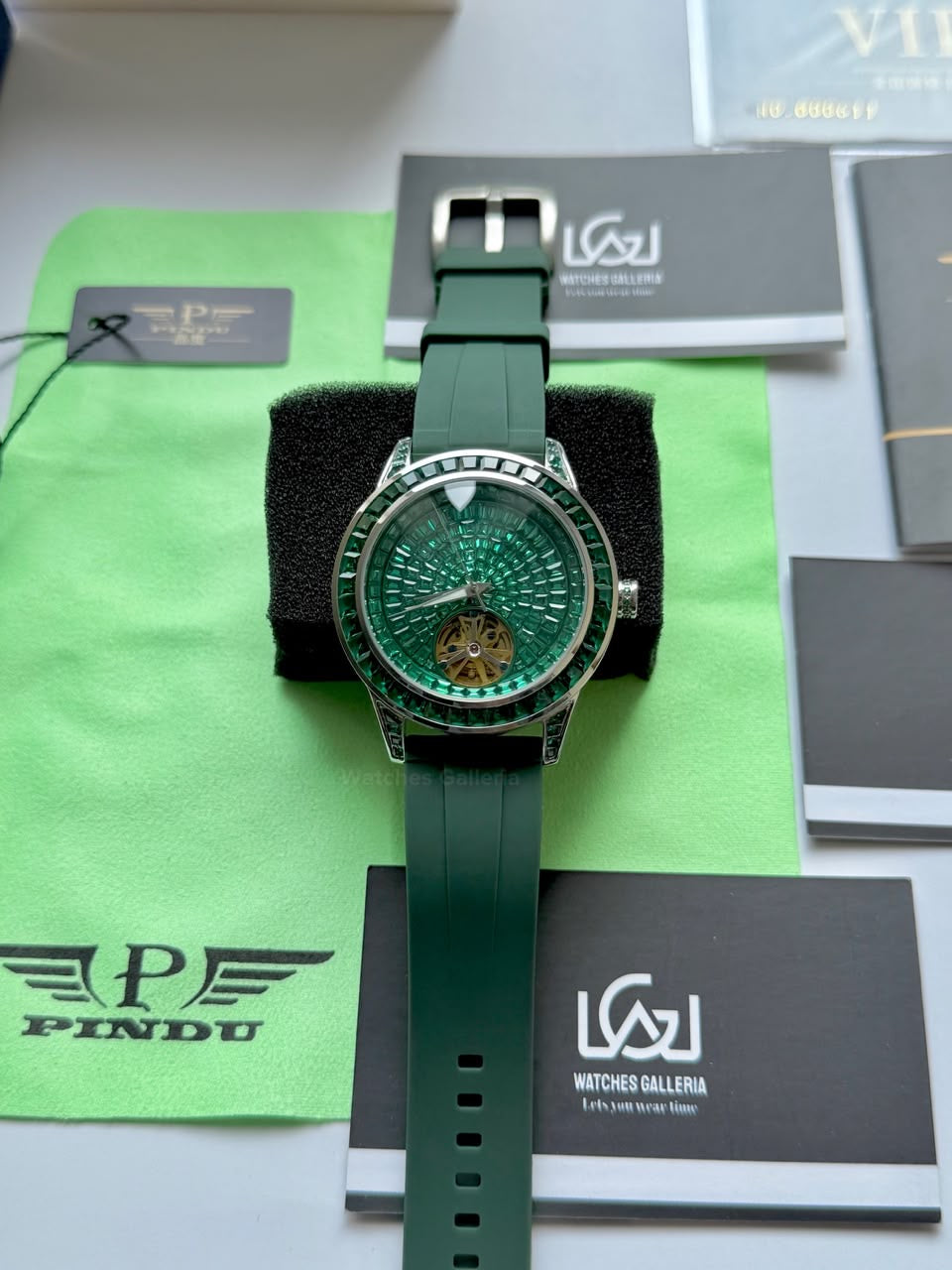 Pindu 5037 Green/Green Silicon LeatherDiamonds Hand Encrusted Diamond Automatic Tourbillon Watch for Men | Luxury Mechanical Watch | 43mm Stainless Steel Case