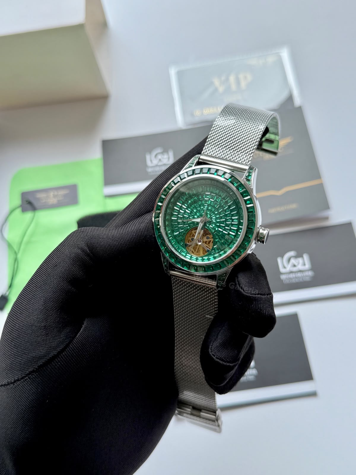 Pindu 5037 Green/Mesh Strap LeatherDiamonds Hand Encrusted Diamond Automatic Tourbillon Watch for Men | Luxury Mechanical Watch | 43mm Stainless Steel Case