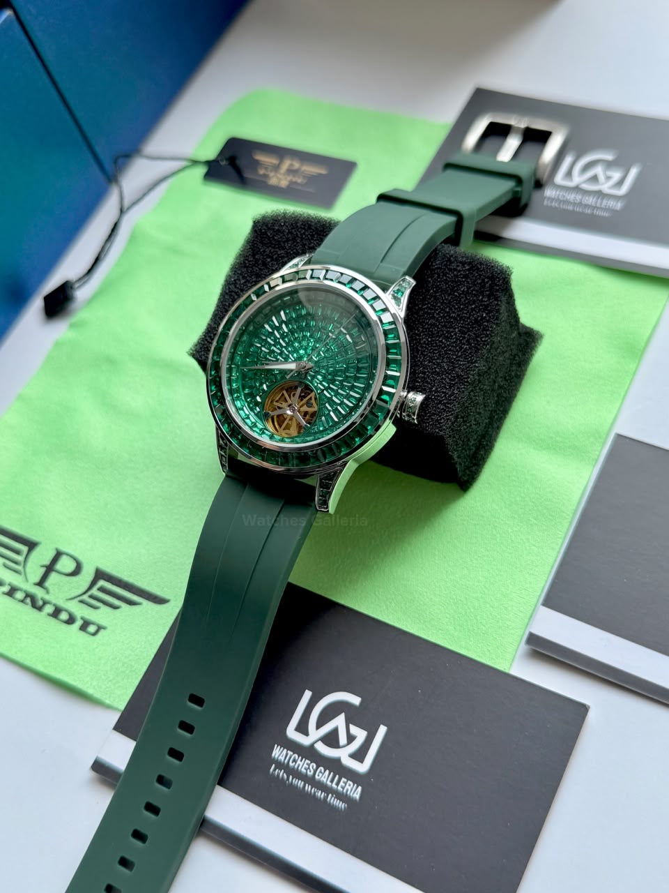 Pindu 5037 Green/Green Silicon LeatherDiamonds Hand Encrusted Diamond Automatic Tourbillon Watch for Men | Luxury Mechanical Watch | 43mm Stainless Steel Case