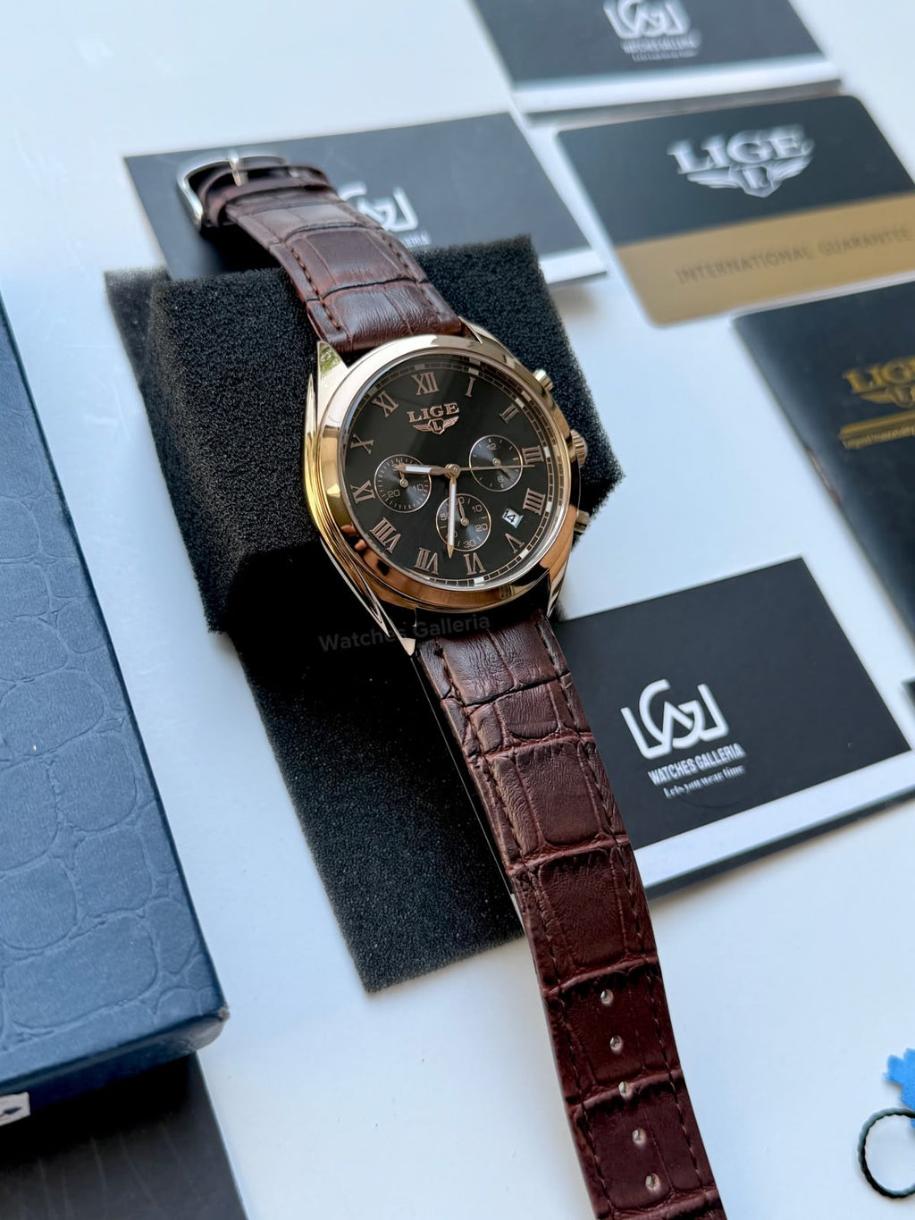Lige 9852 Chronograph Watch for Men Brown Rose Gold Leather Strap Original Lige Watch in Pakistan