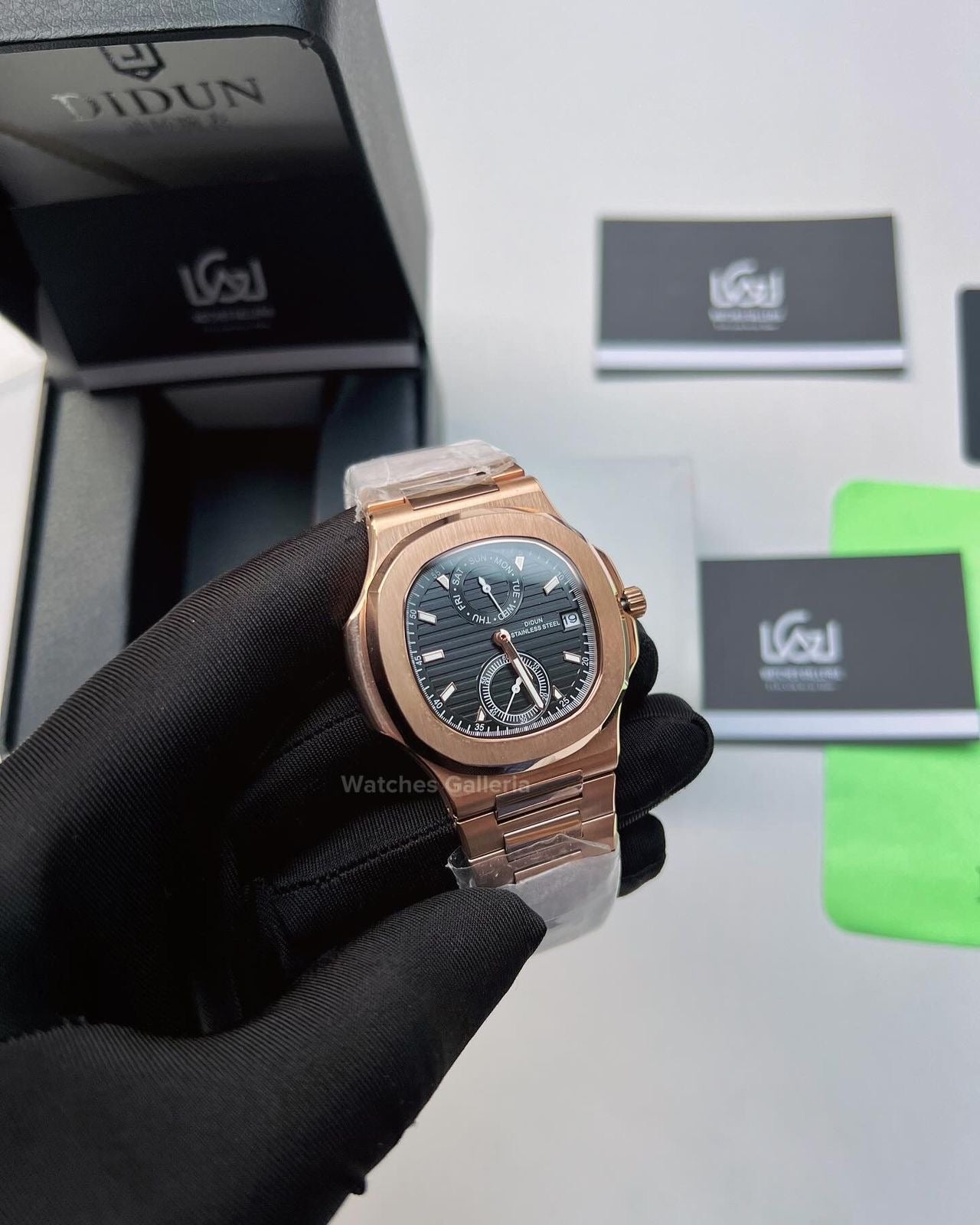 Didun Nautilus Date Day Quartz (Rose Gold w/ Black) PD49 Watches Galleria