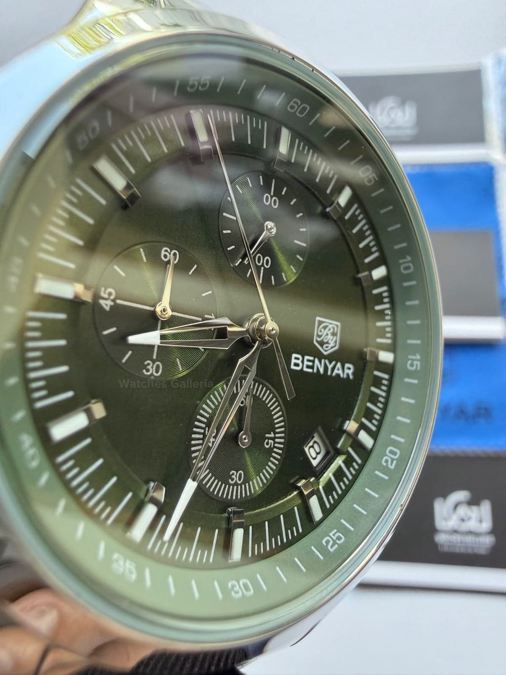 Benyar BY5210 (Green SS) Pilot Chronograph Green Dial Stainless Steel Watch – 42mm Quartz Chronograph with Date, Complete Calendar & Stopwatch