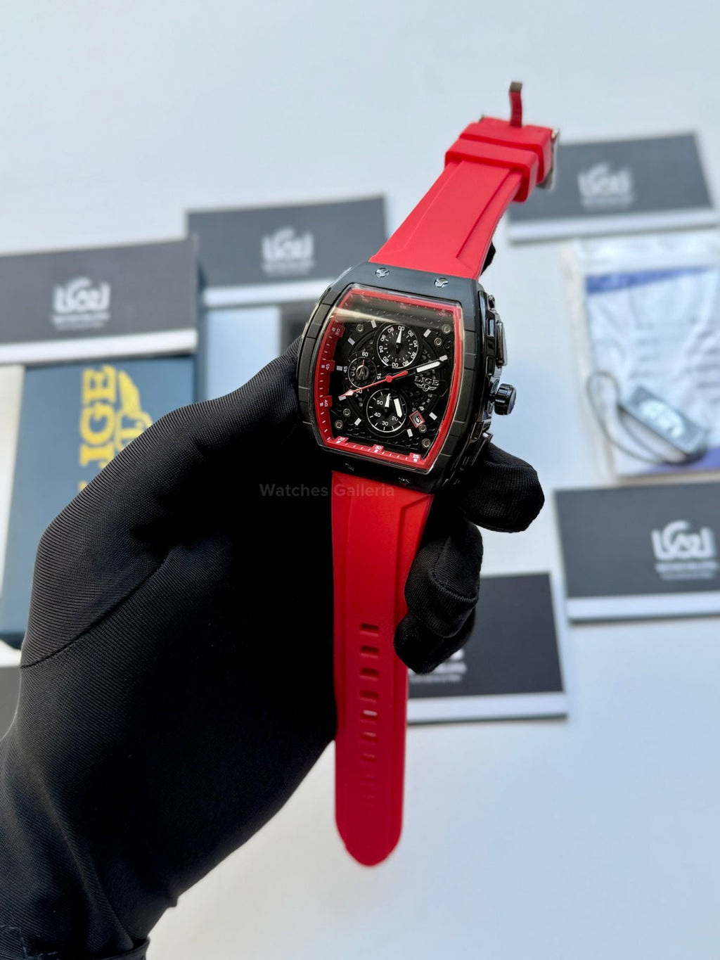 LIGE LG89148 Red Tonneau Chronograph Watch in Pakistan – Luxury Men’s Quartz Watch with Silicon Strap