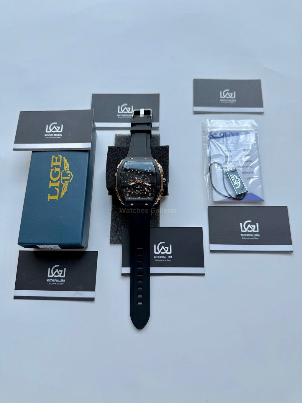 LIGE LG89148 Tonneau Chronograph Watch in Pakistan – Black Rose Gold Luxury Men’s Quartz Watch with Silicon Strap