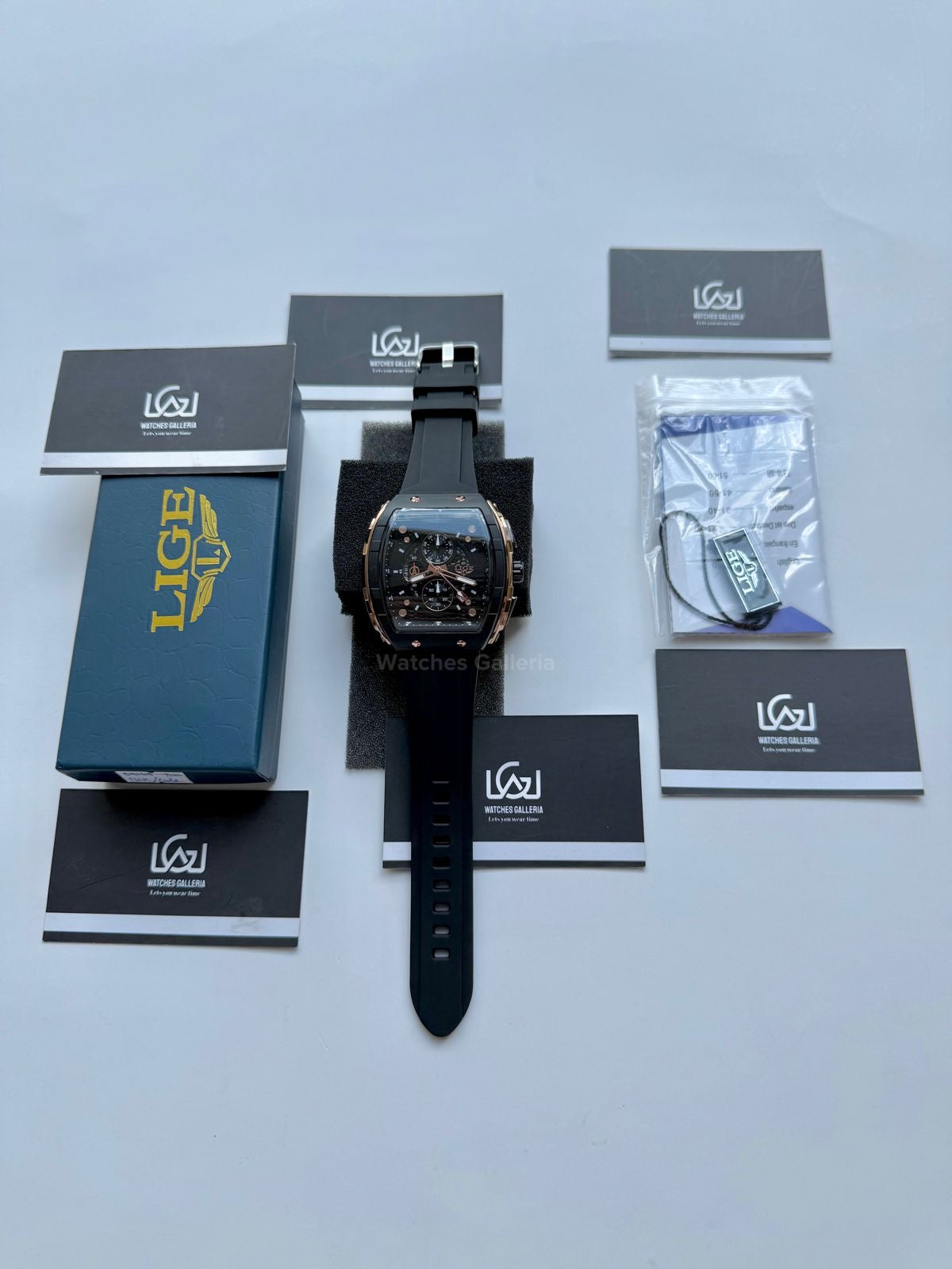 LIGE LG89148 Tonneau Chronograph Watch in Pakistan – Black Rose Gold Luxury Men’s Quartz Watch with Silicon Strap