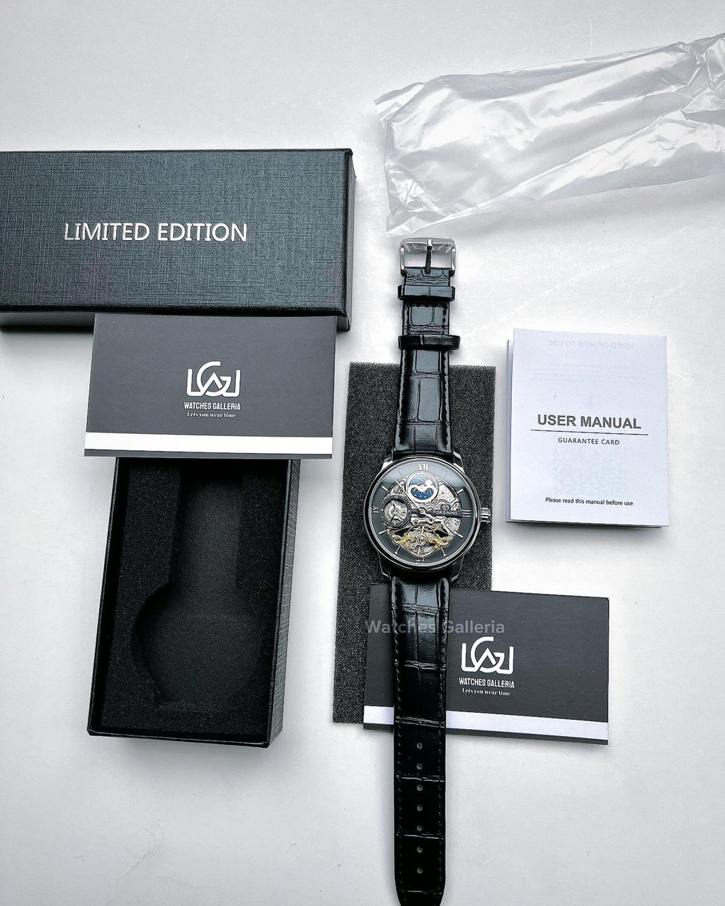 Forsining Moonphase Skeleton Automatic Watch (Silver/Black) FS112
