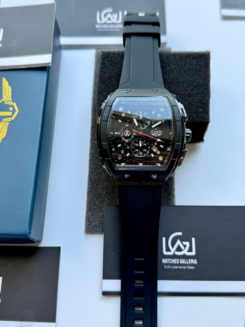 LIGE LG89148 Black Tonneau Chronograph Watch in Pakistan – Luxury Men’s Quartz Watch with Silicon Strap