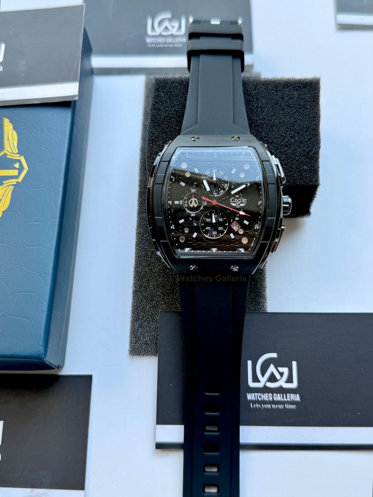 LIGE LG89148 Black Tonneau Chronograph Watch in Pakistan – Luxury Men’s Quartz Watch with Silicon Strap