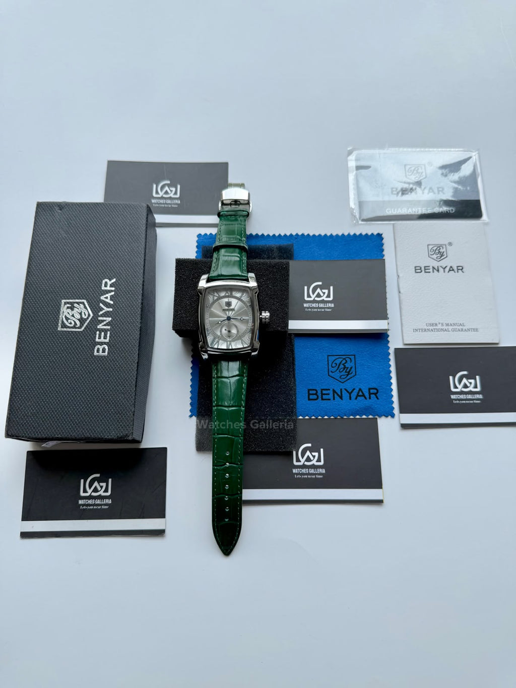 Benyar BY5114 Square Tank Watch | Green Silver White | Roman Numeral Dial Master Lock Quartz Date Calendar Leather Strap