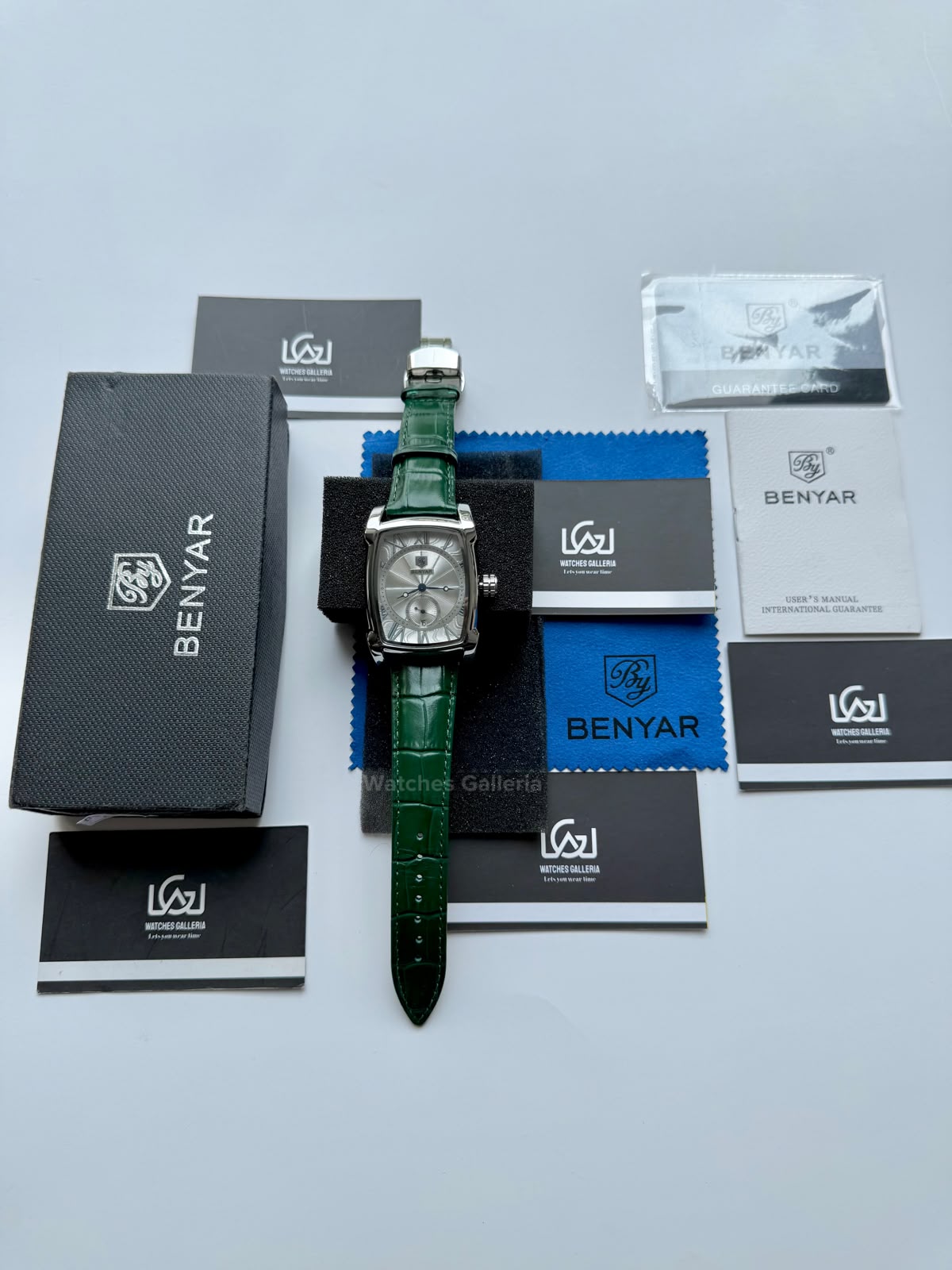 Benyar BY5114 Square Tank Watch | Green Silver White | Roman Numeral Dial Master Lock Quartz Date Calendar Leather Strap