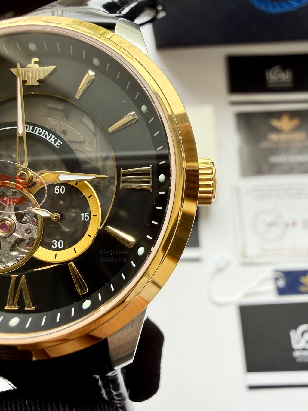 Oupinke G3190 (Black Leather) Open Heart Automatic Watch with Miyota 8215 Japanese Movement, Sapphire Crystal, Luminous Dial & Black Leather Strap
