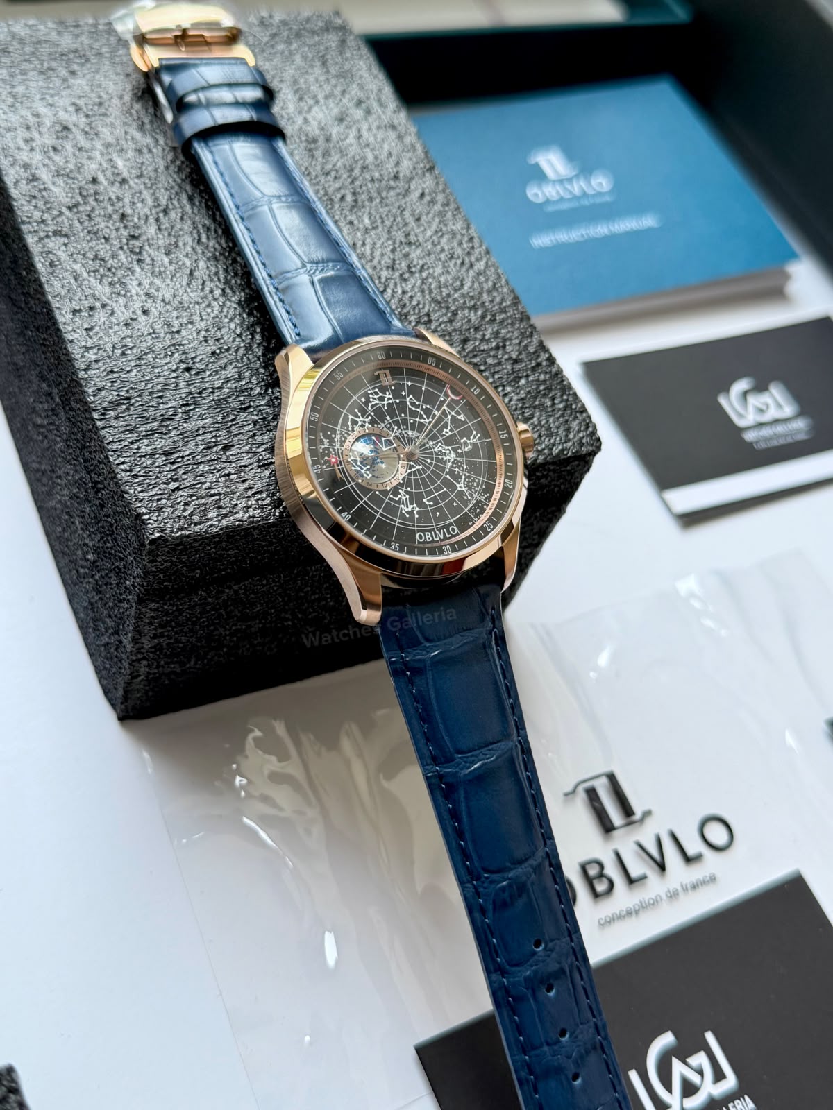 OBLVLO GC (Blue Rose Gold Black) Grand Complications Celestial Automatic Watch Brown & Black Dial with Rose Gold Details, Moving Constellation & Earth Display – OBLVLOGC | Oblvlo